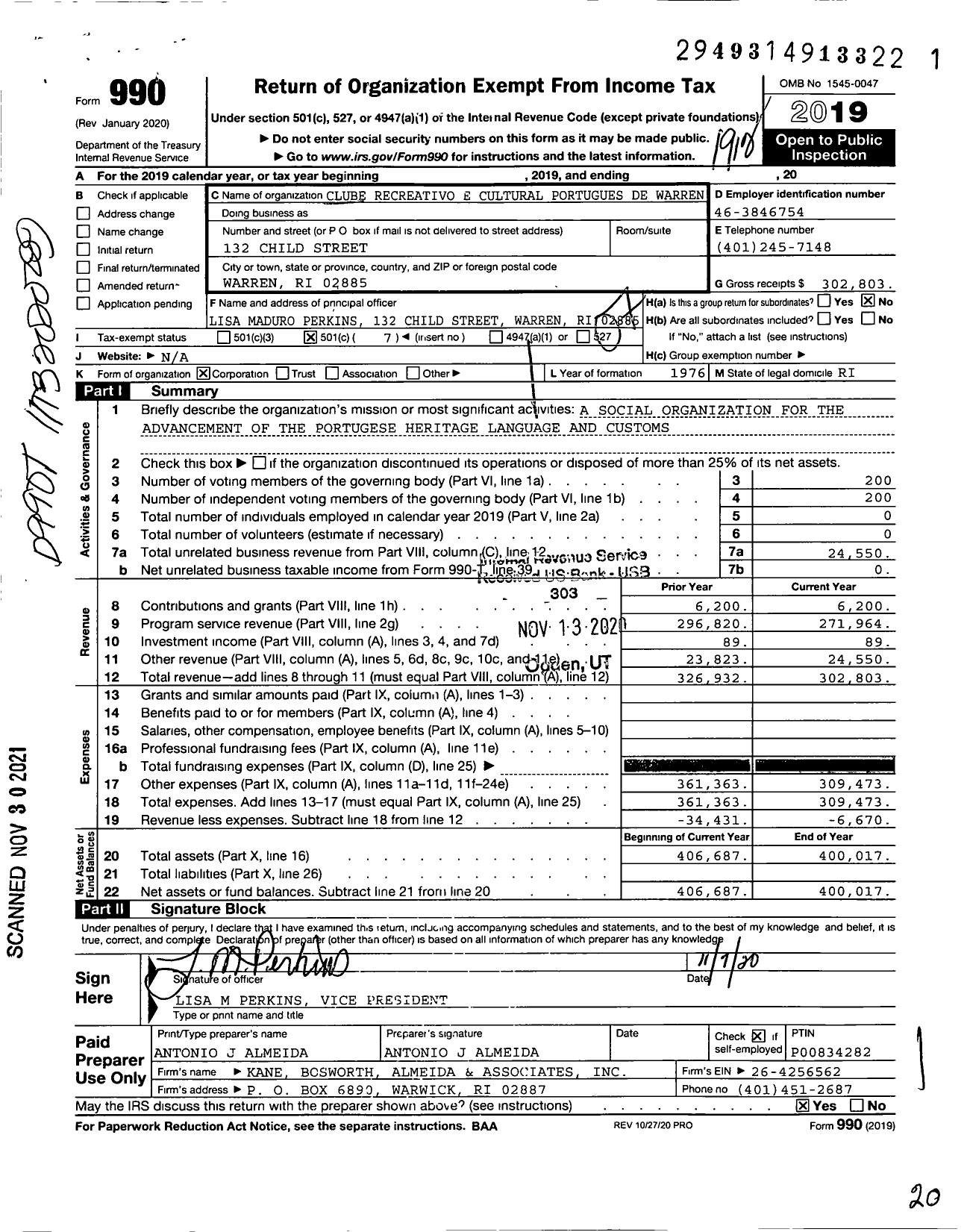 Image of first page of 2019 Form 990O for Clube Recreativo E Cultural Portugues de Warren