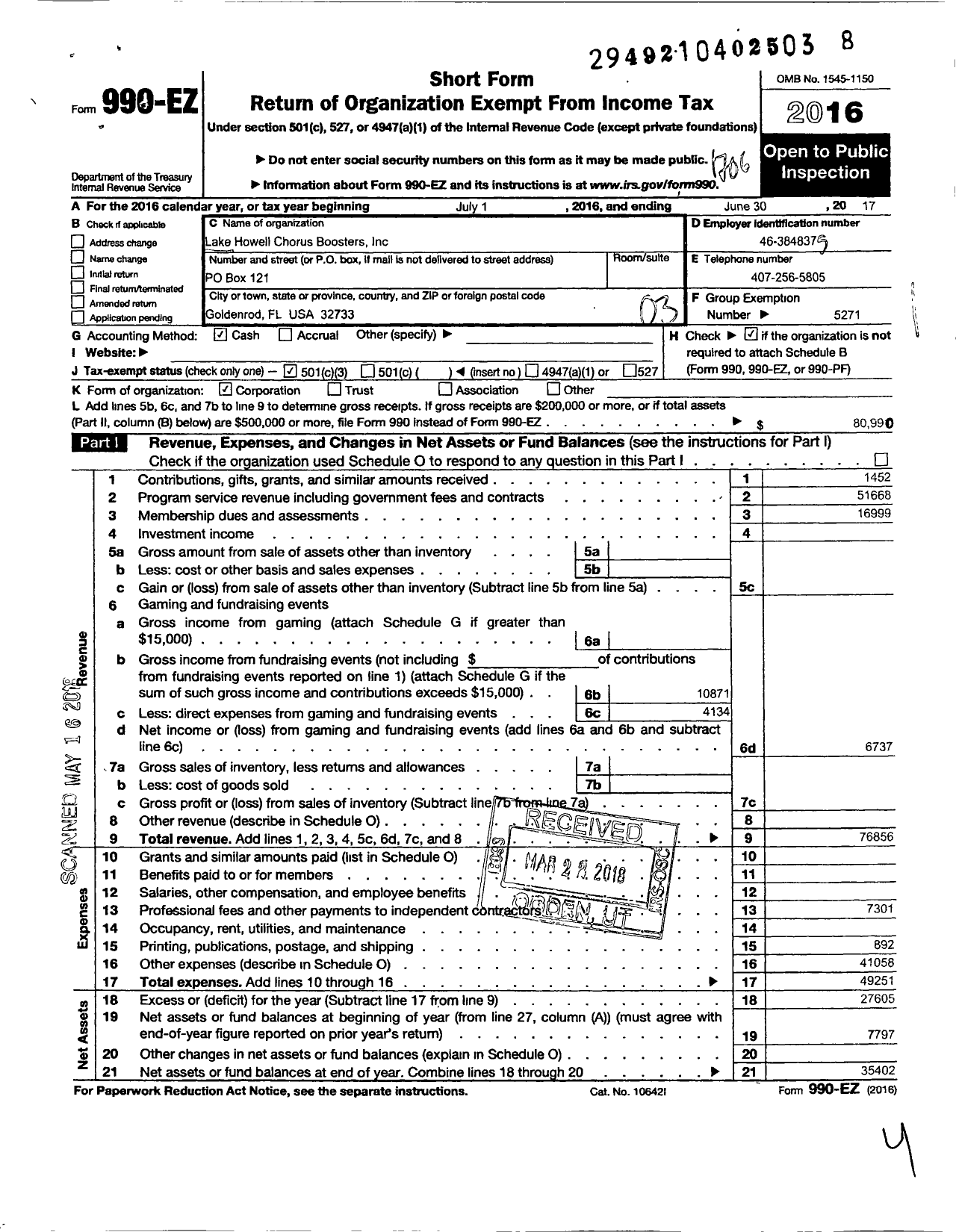 Image of first page of 2016 Form 990EZ for Parent Booster USA / Lake Howell Chorus Boosters Inc