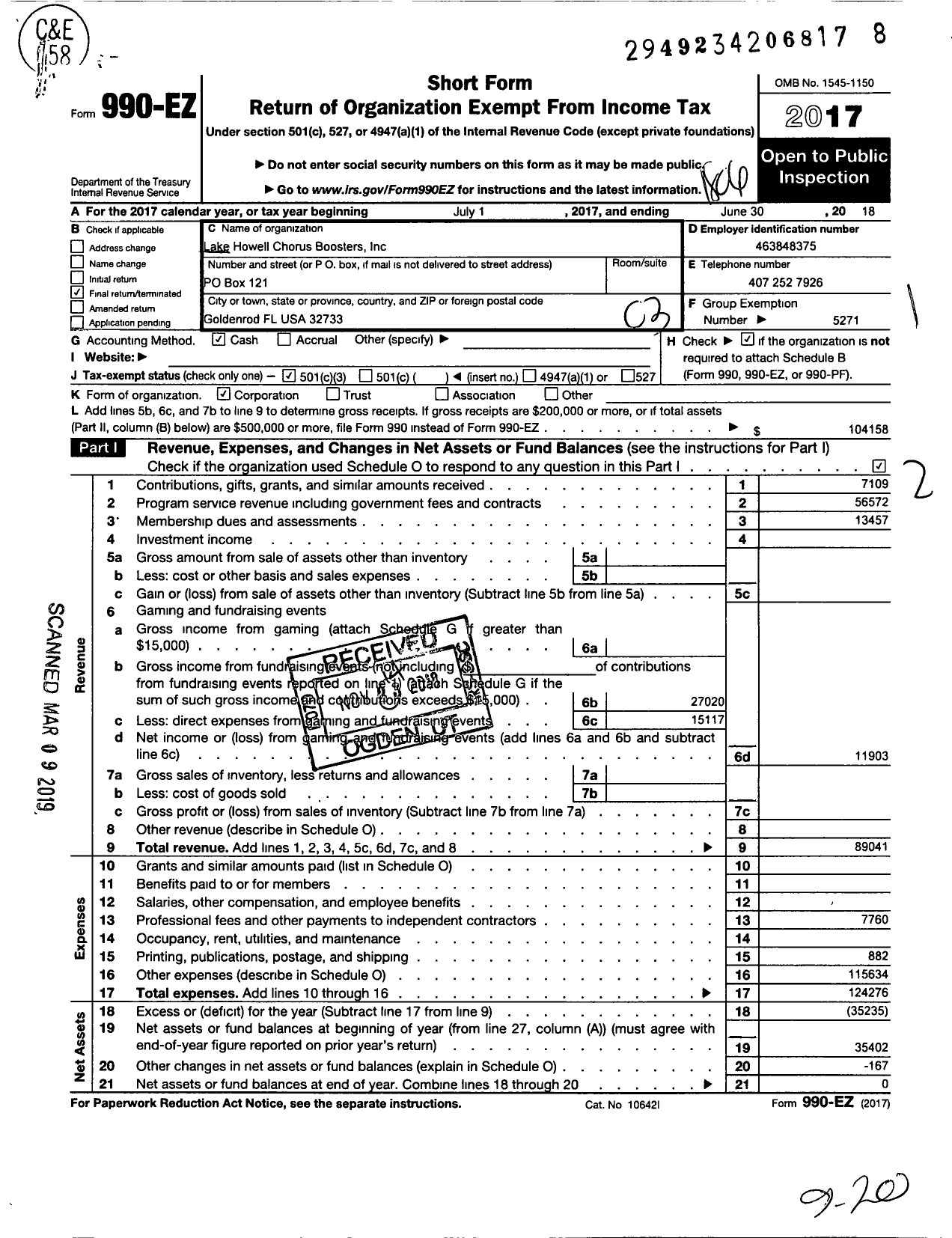 Image of first page of 2017 Form 990EZ for Parent Booster USA / Lake Howell Chorus Boosters Inc