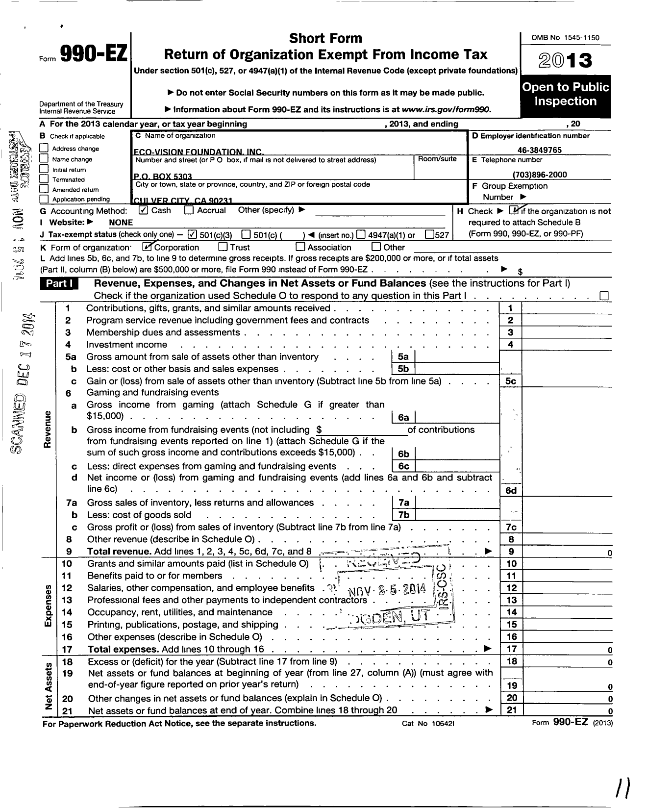 Image of first page of 2013 Form 990EZ for Eco-Vision Foundation