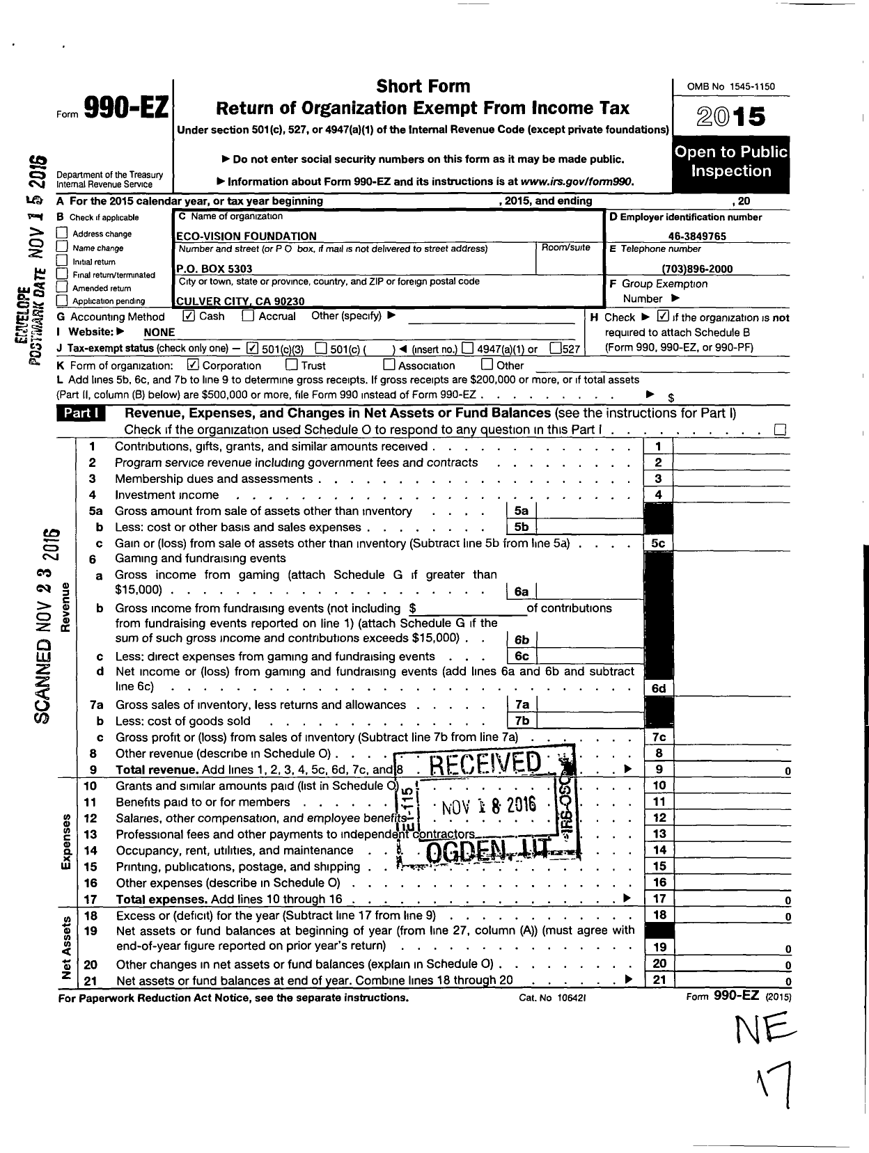 Image of first page of 2015 Form 990EZ for Eco-Vision Foundation