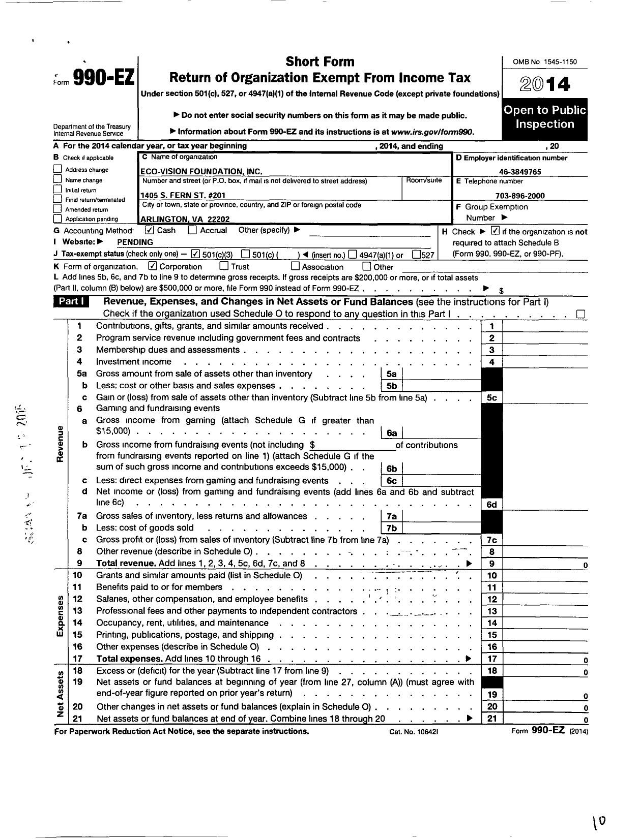 Image of first page of 2014 Form 990EZ for Eco-Vision Foundation