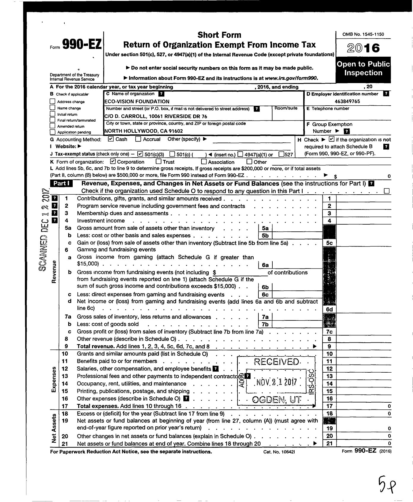 Image of first page of 2016 Form 990EZ for Eco-Vision Foundation