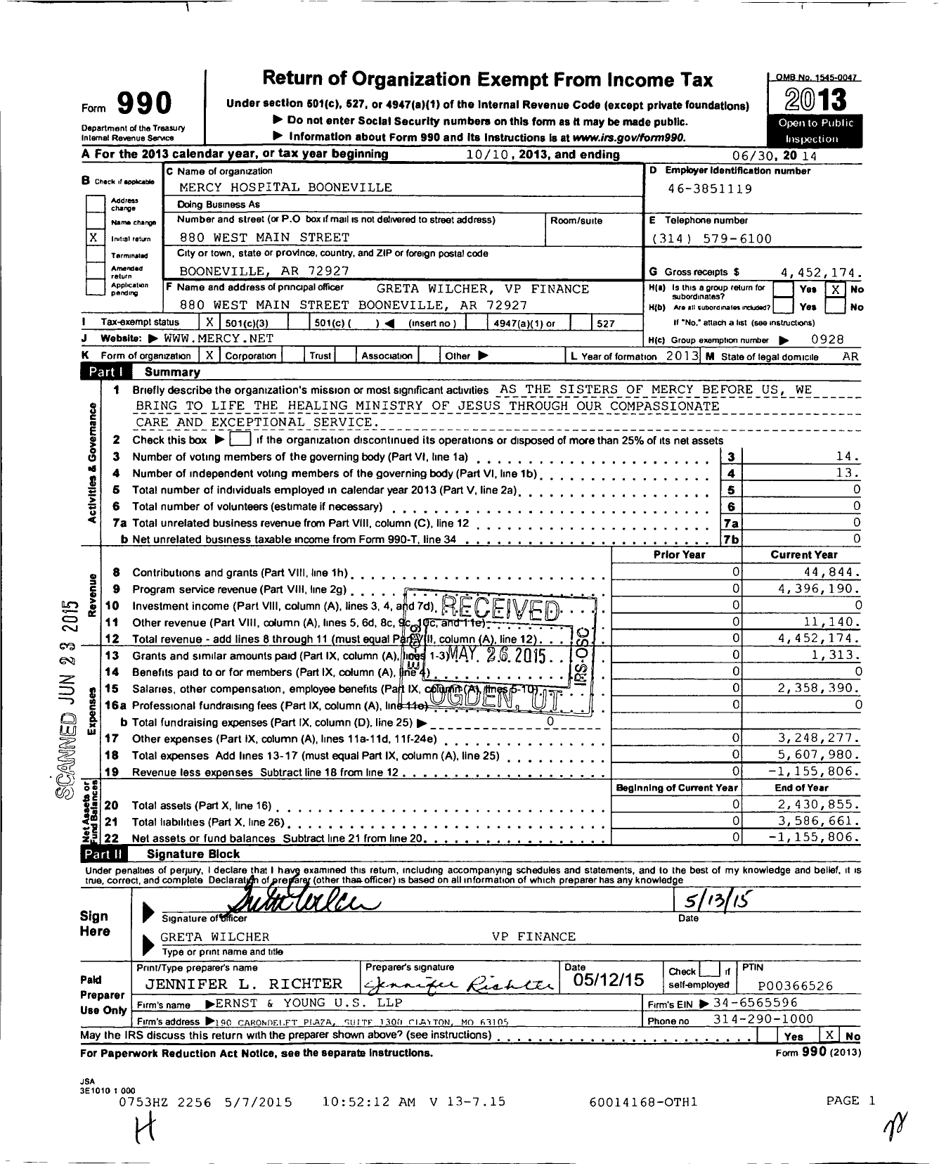 Image of first page of 2013 Form 990 for Mercy Hospital Booneville