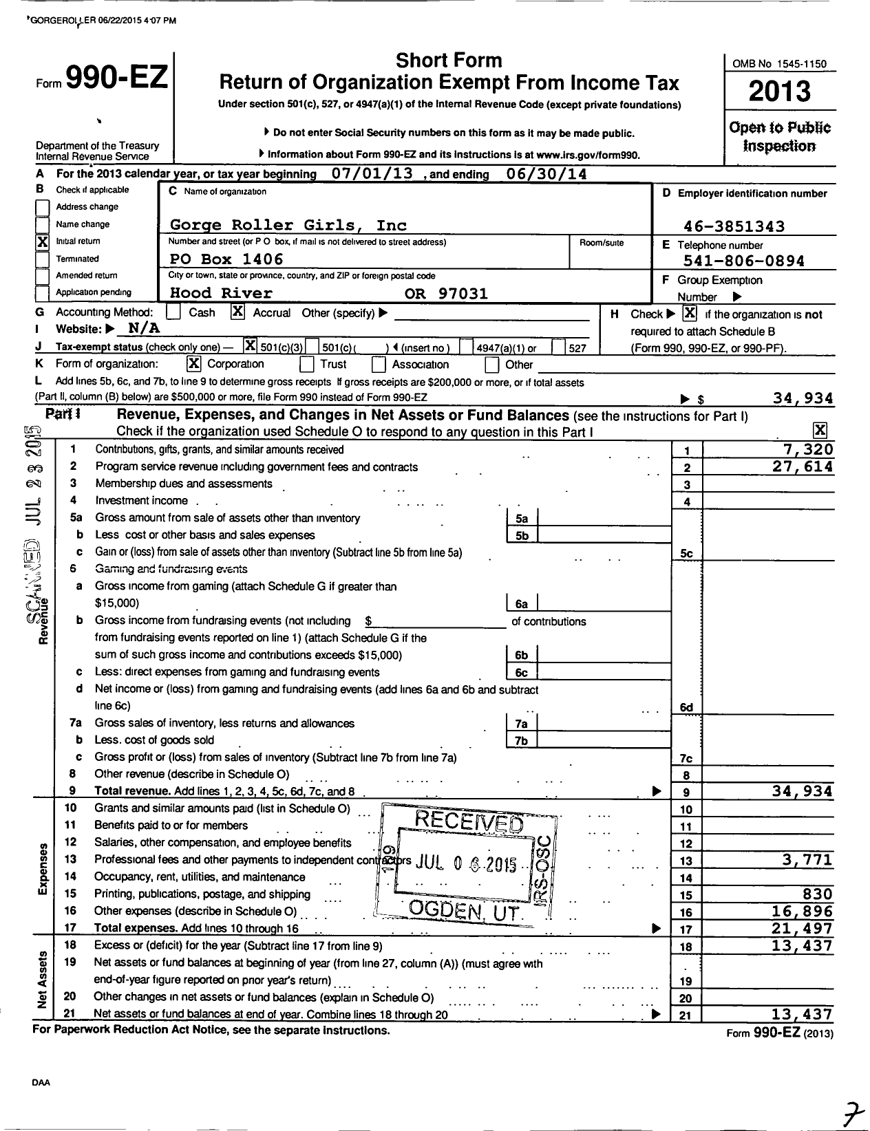 Image of first page of 2013 Form 990EZ for Gorge Roller Girls