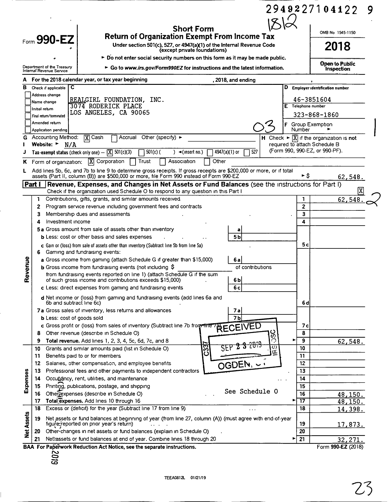 Image of first page of 2018 Form 990EZ for Realgirl Foundation