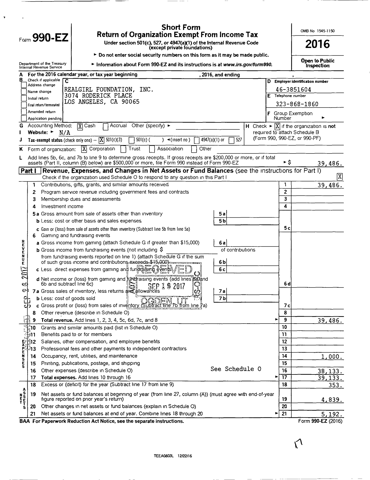 Image of first page of 2016 Form 990EZ for Realgirl Foundation