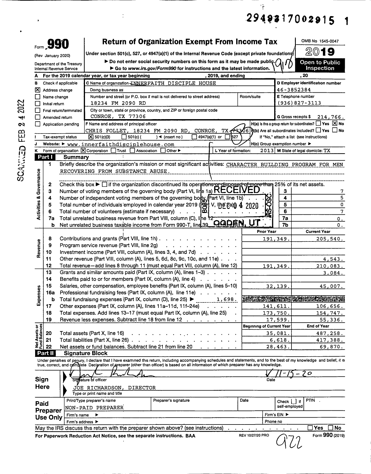 Image of first page of 2019 Form 990 for Innerfaith Disciple House