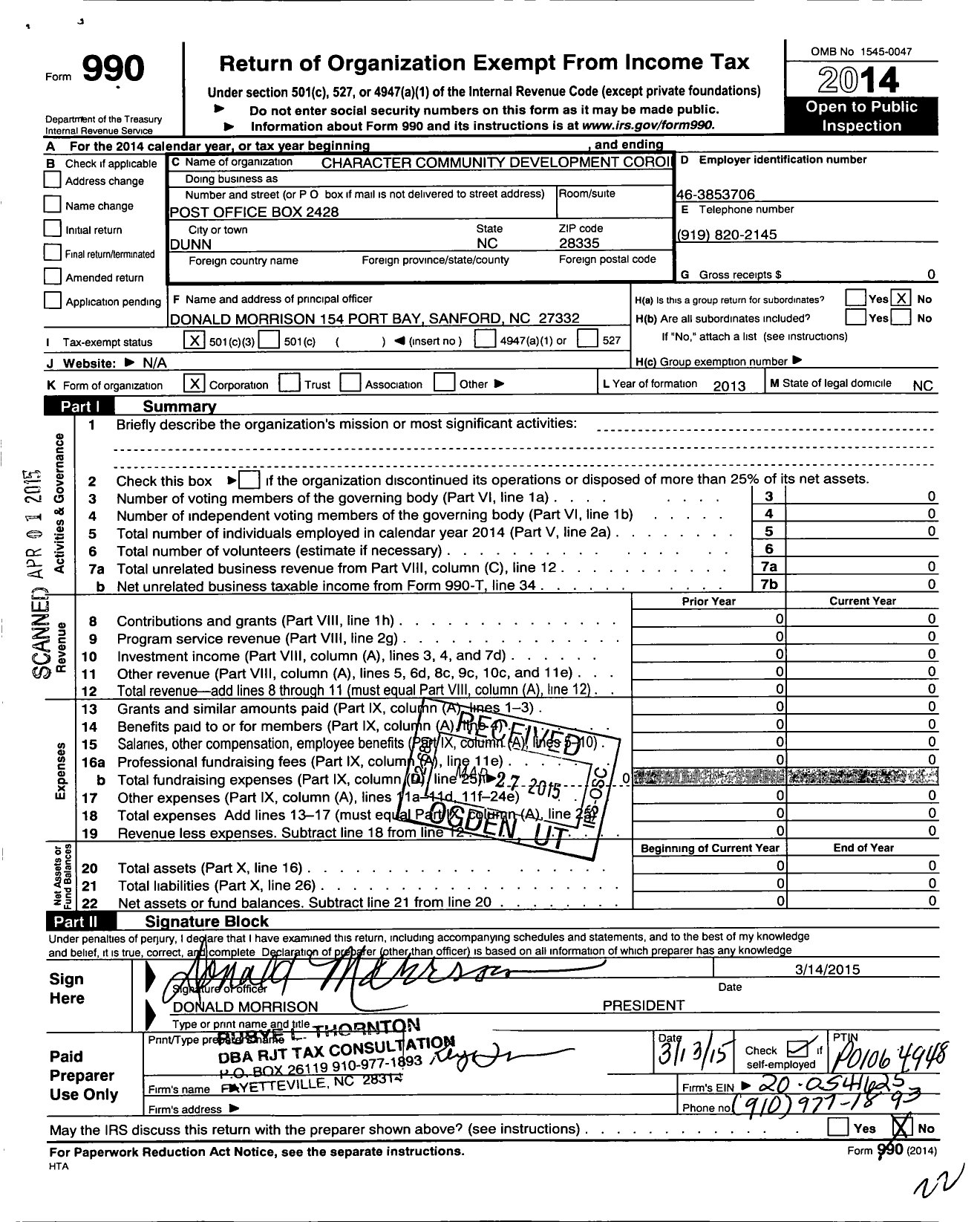 Image of first page of 2014 Form 990 for Character Community Development Corporation