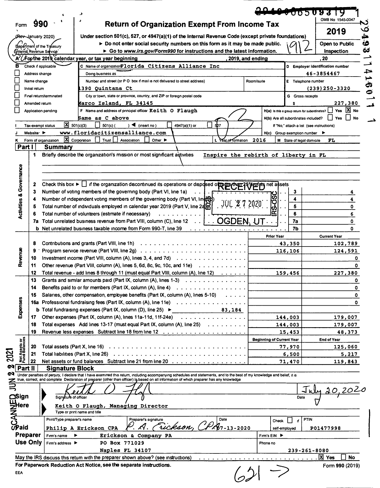 Image of first page of 2019 Form 990 for Florida Citizens Alliance