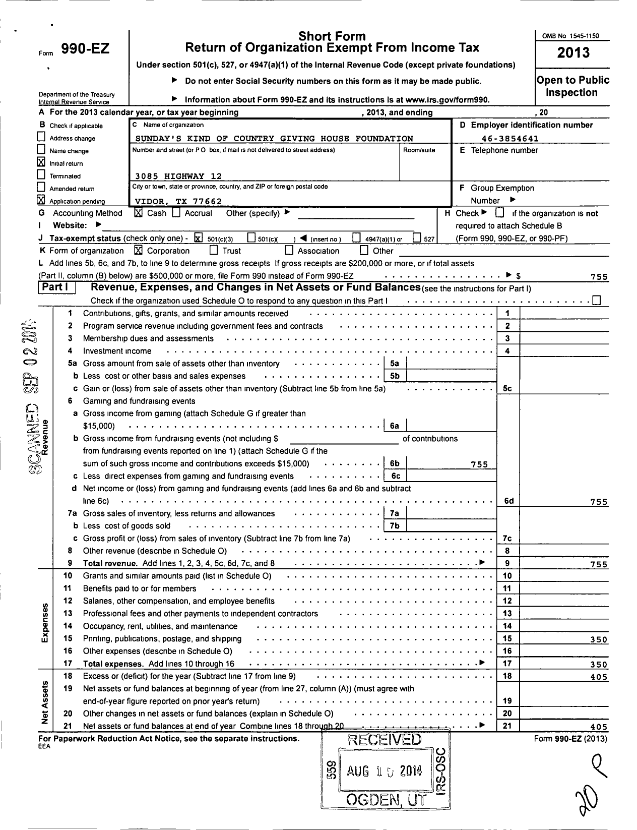 Image of first page of 2013 Form 990EZ for Sundays Kind of Country Giving House Foundation