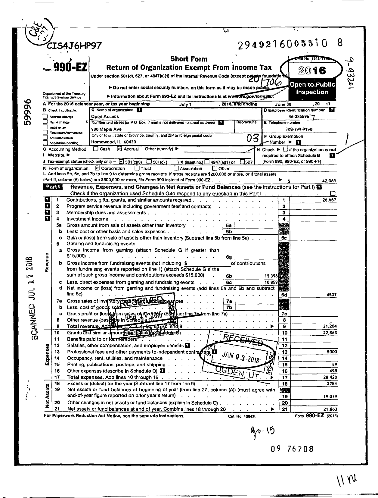 Image of first page of 2016 Form 990EZ for Open Access