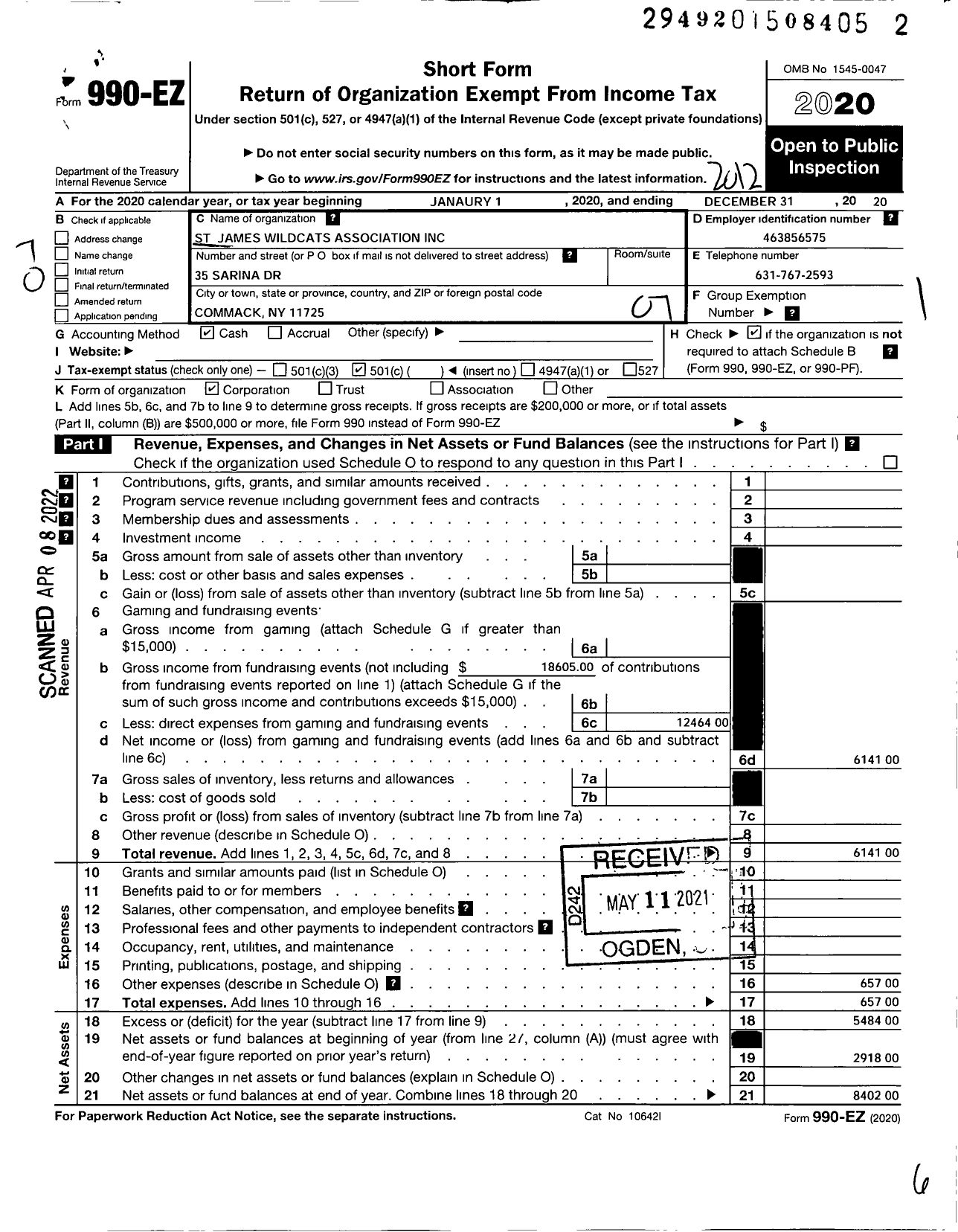 Image of first page of 2020 Form 990EO for St James Wildcats Association