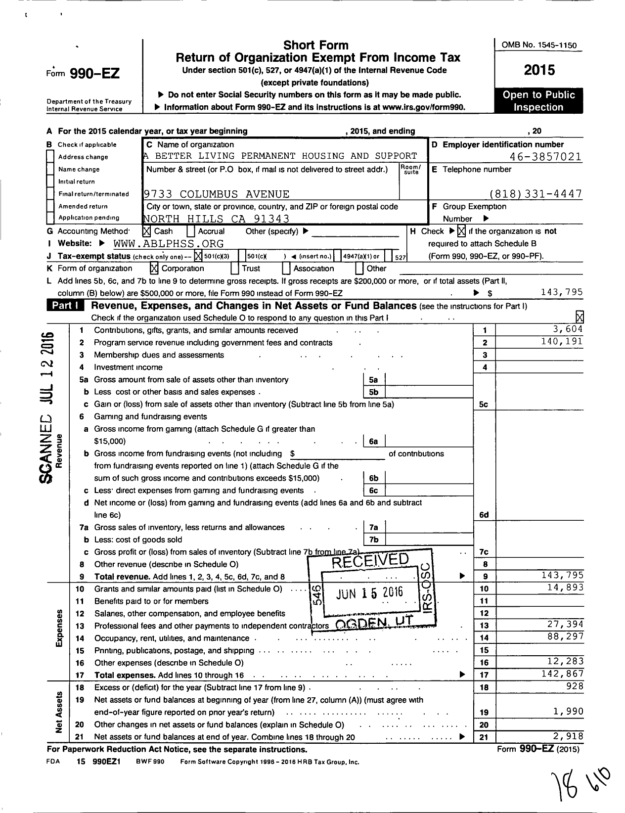 Image of first page of 2015 Form 990EZ for A Better Living Permanent Housing And Supportive Services