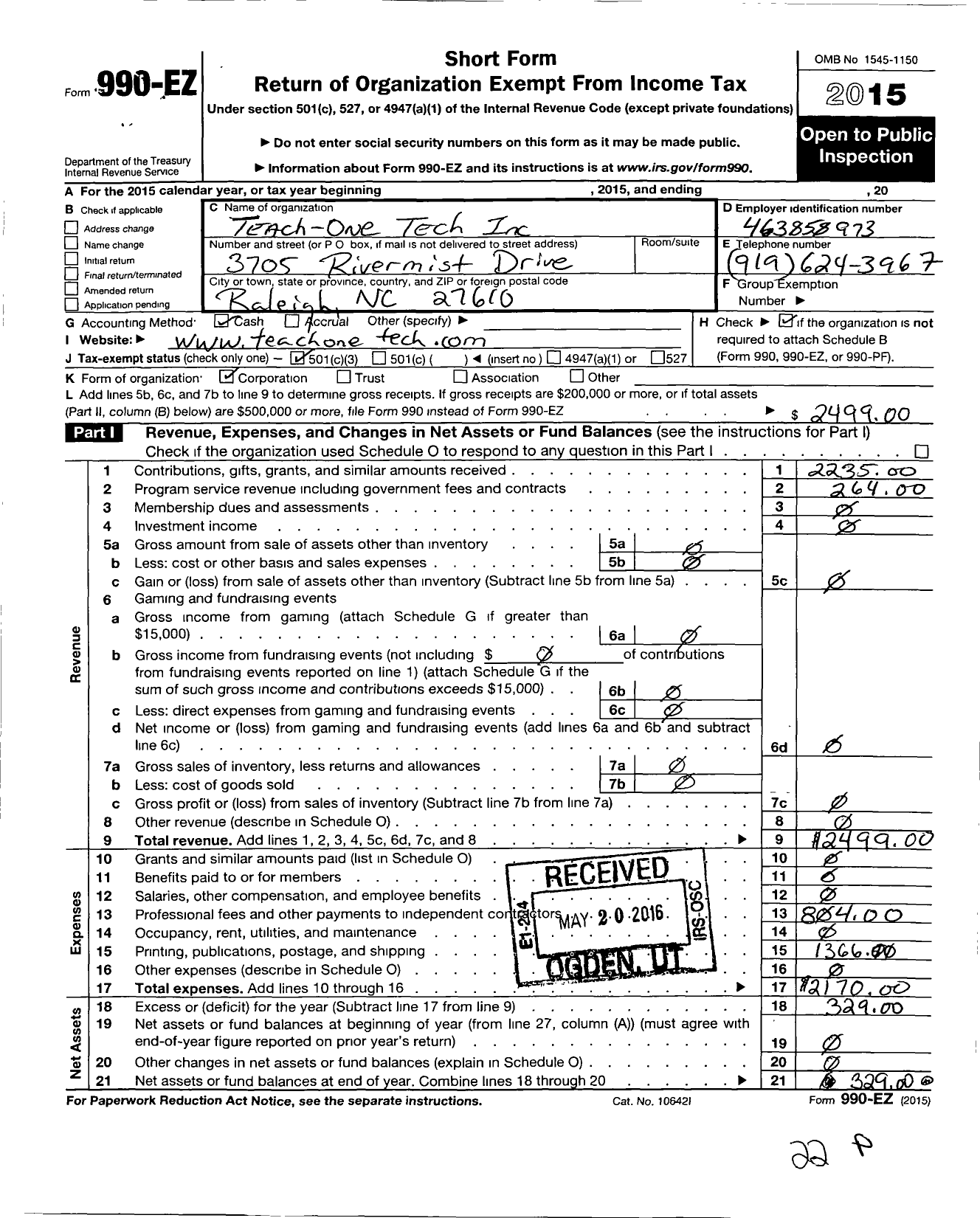 Image of first page of 2015 Form 990EZ for Teach One Tech