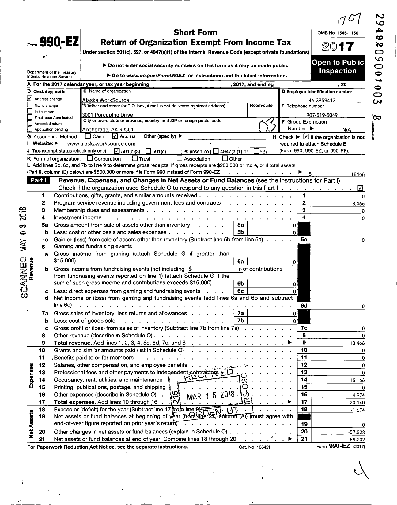 Image of first page of 2016 Form 990EZ for Alaska Worksource Source