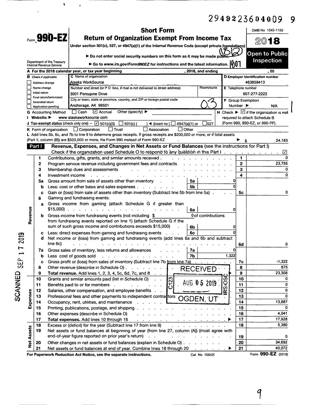 Image of first page of 2017 Form 990EZ for Alaska Worksource Source