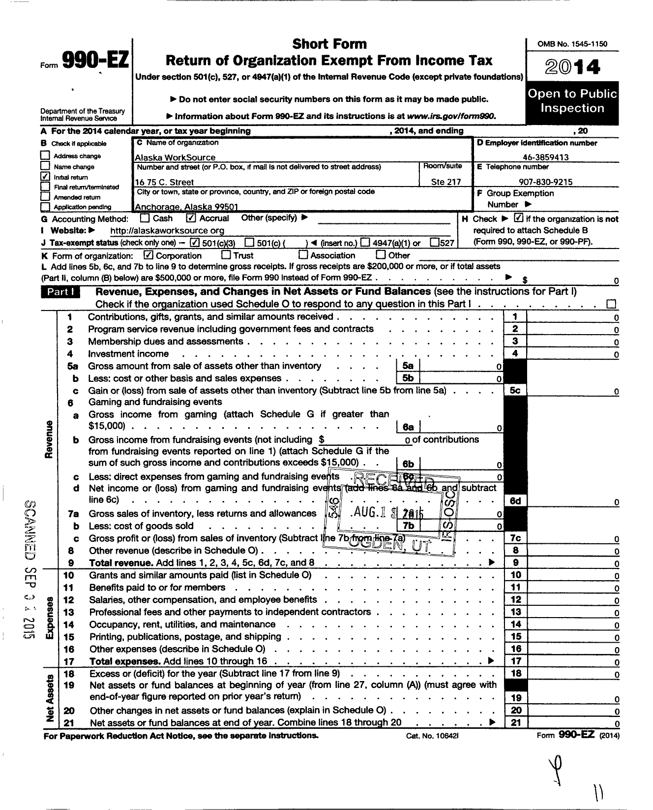 Image of first page of 2014 Form 990EZ for Alaska Worksource Source