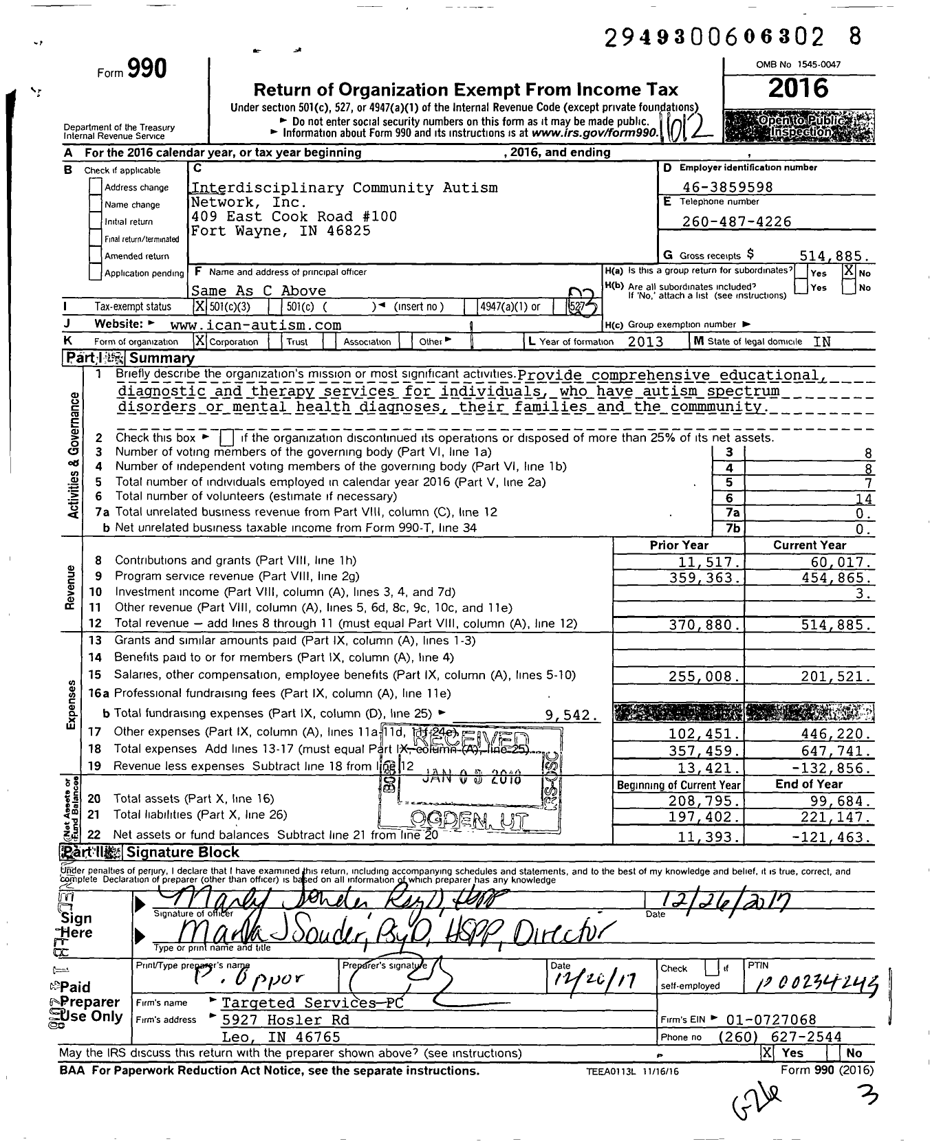 Image of first page of 2016 Form 990 for Interdisciplinary Community Autism Network (ICAN)