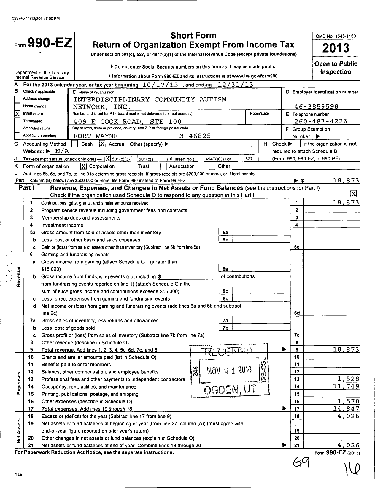 Image of first page of 2013 Form 990EZ for Interdisciplinary Community Autism Network (ICAN)