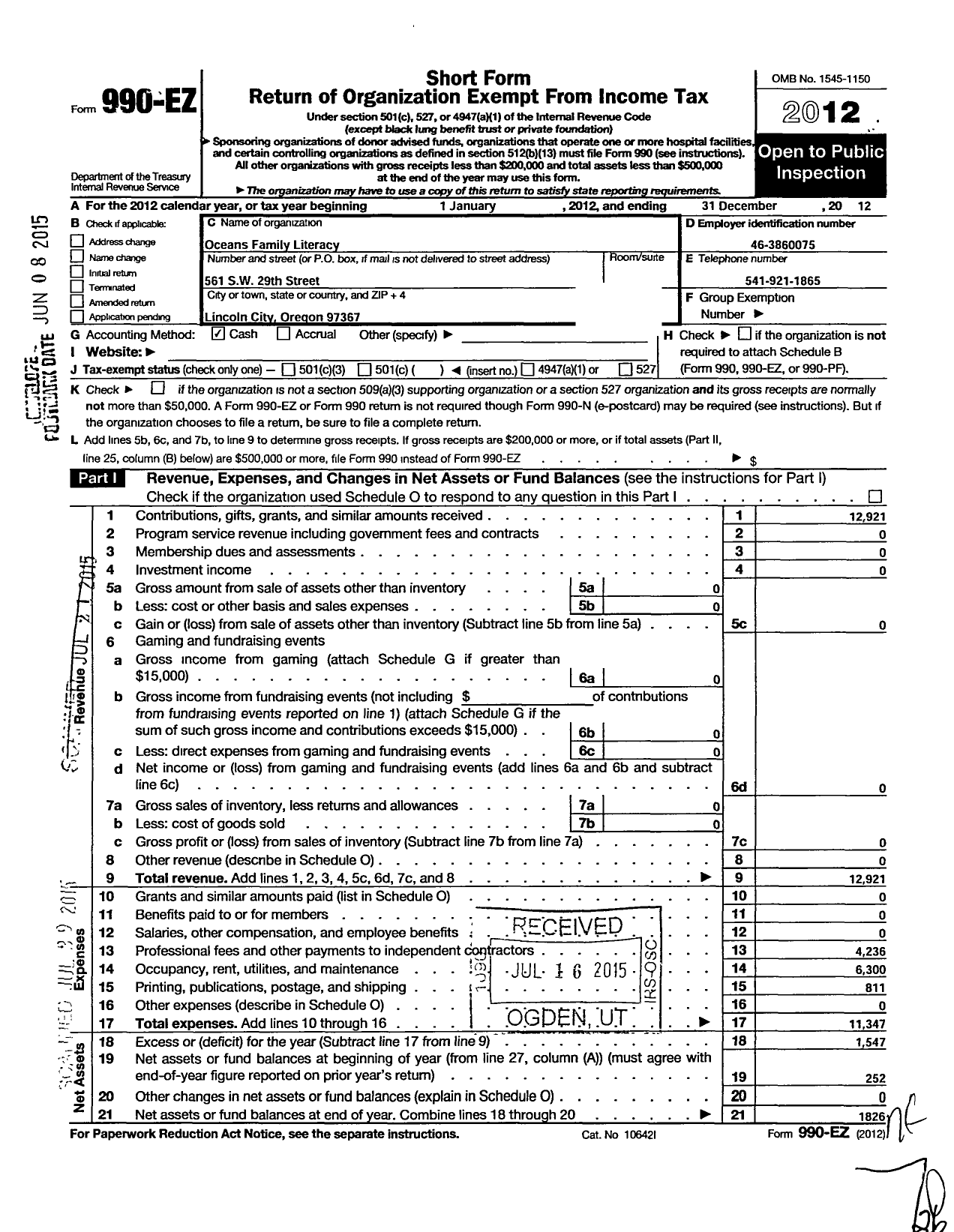 Image of first page of 2012 Form 990EO for Oceana Family Literacy