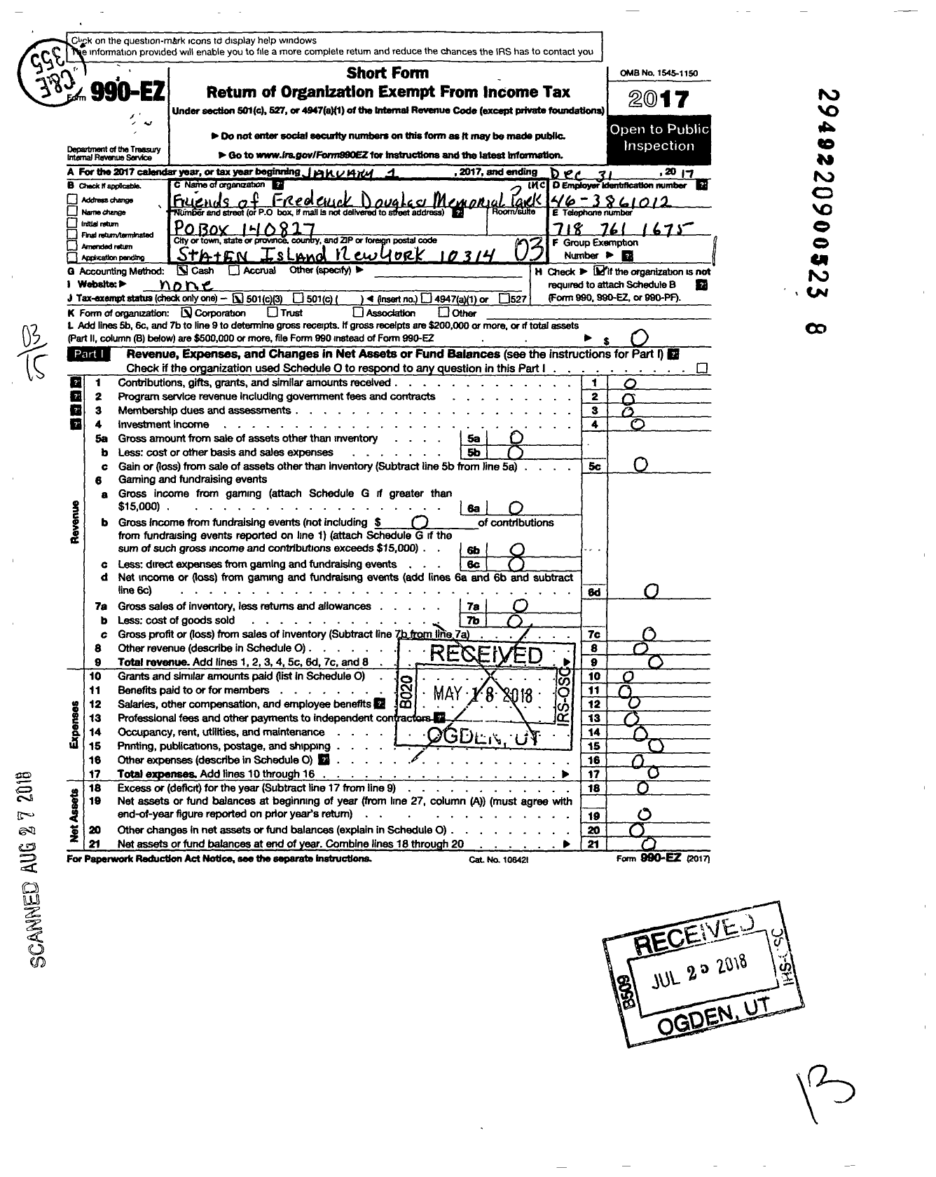 Image of first page of 2017 Form 990EZ for Friends of Frederick Douglass Memorial Park