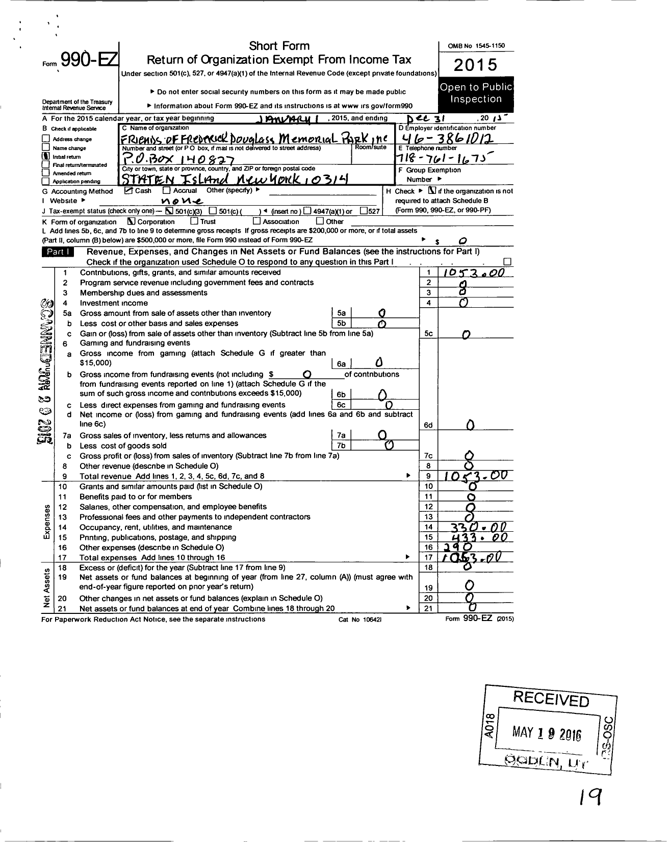 Image of first page of 2015 Form 990EZ for Friends of Frederick Douglass Memorial Park