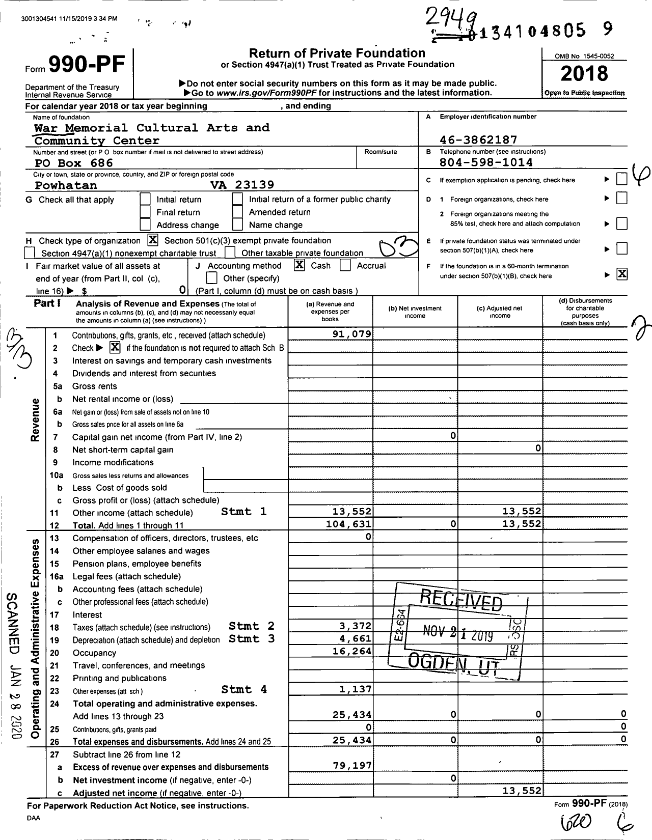 Image of first page of 2018 Form 990PF for War Memorial Cultural Arts and Community Center