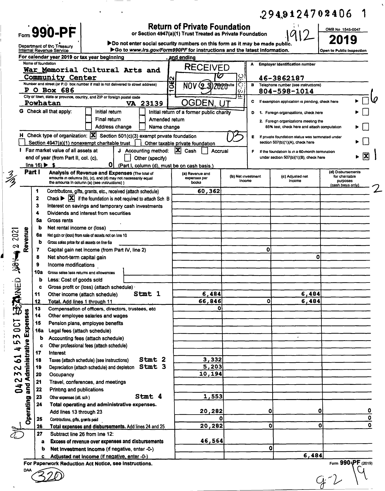 Image of first page of 2019 Form 990PF for War Memorial Cultural Arts and Community Center