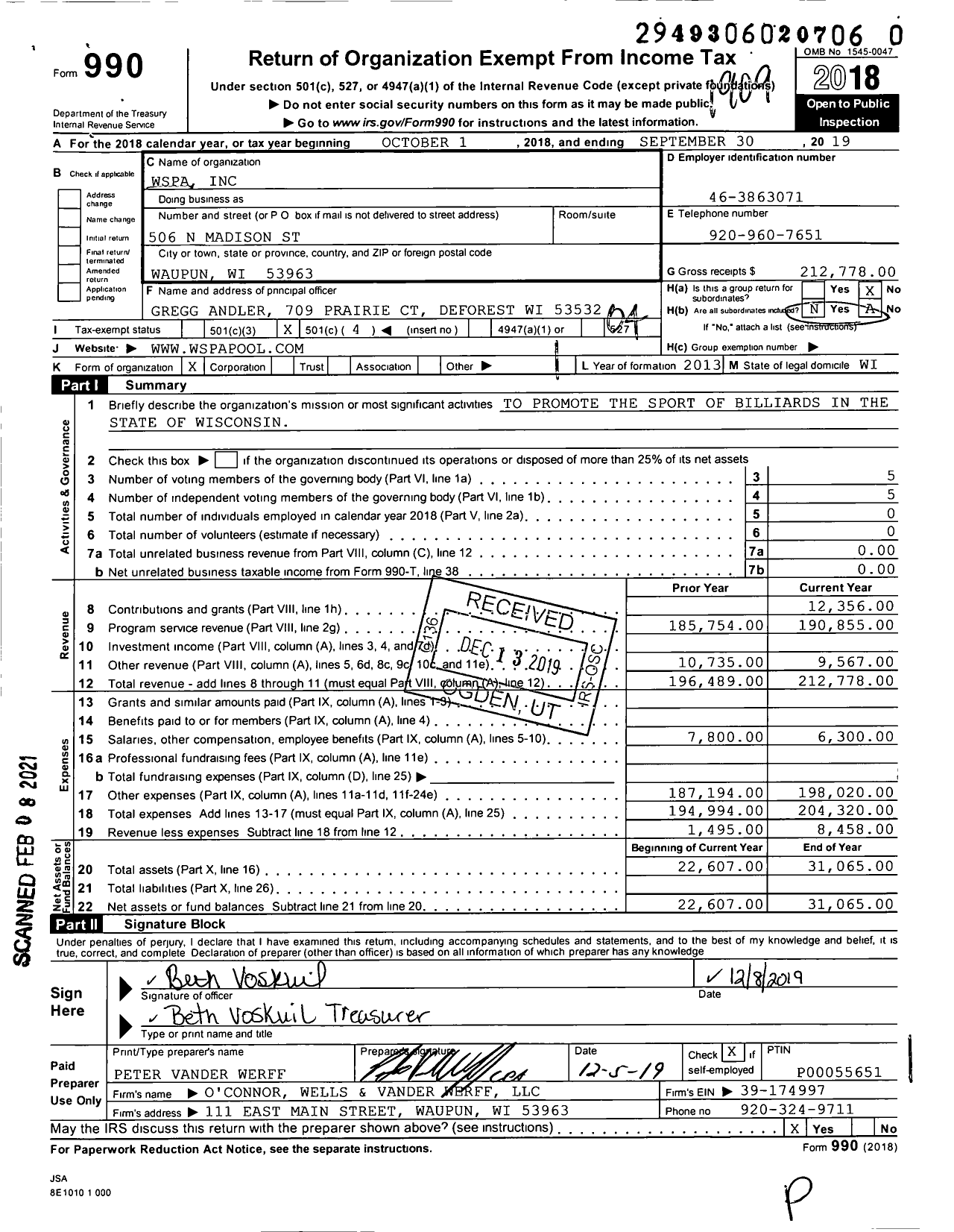 Image of first page of 2018 Form 990O for Wspa