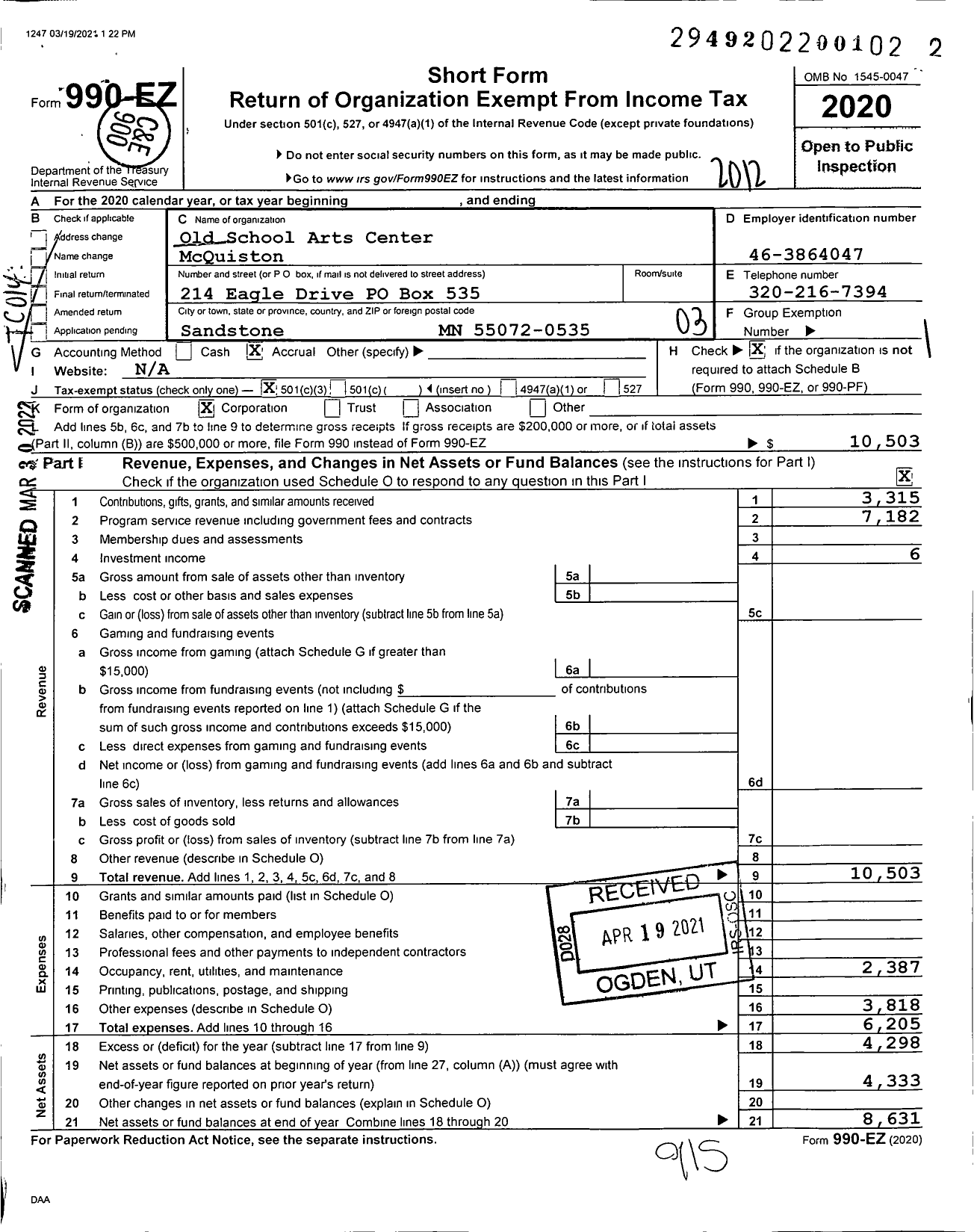 Image of first page of 2020 Form 990EZ for 210 Gallery and Art Center Colleen Shati