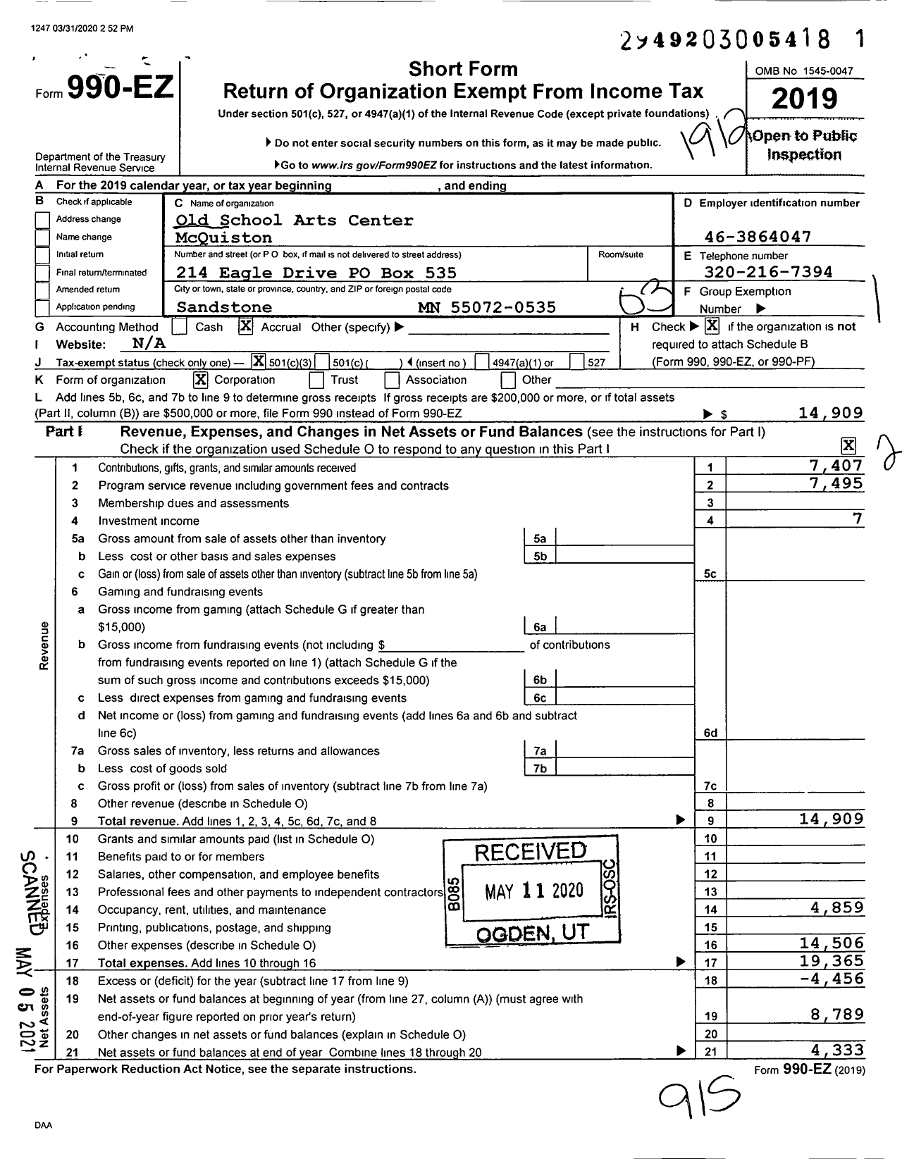 Image of first page of 2019 Form 990EZ for 210 Gallery and Art Center Colleen Shati