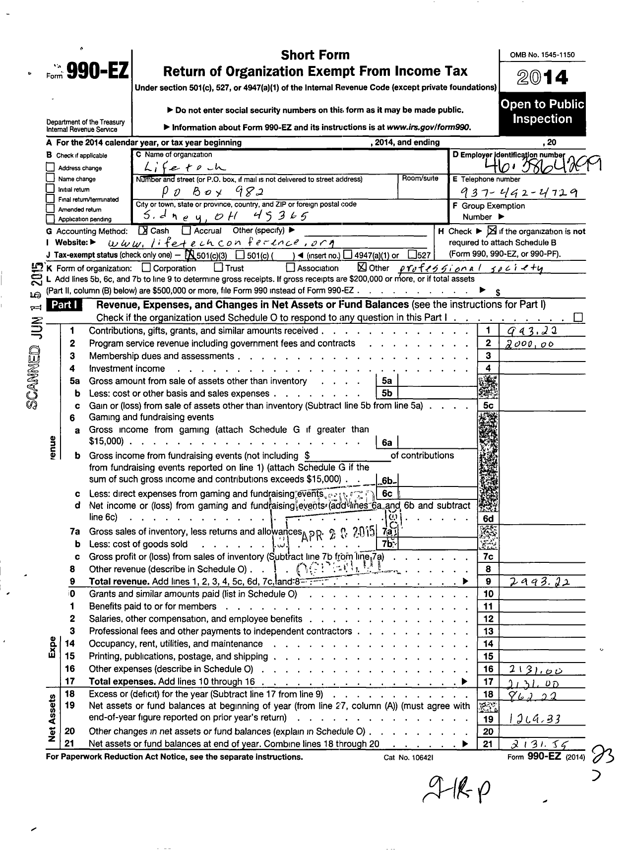 Image of first page of 2014 Form 990EZ for Lifetech