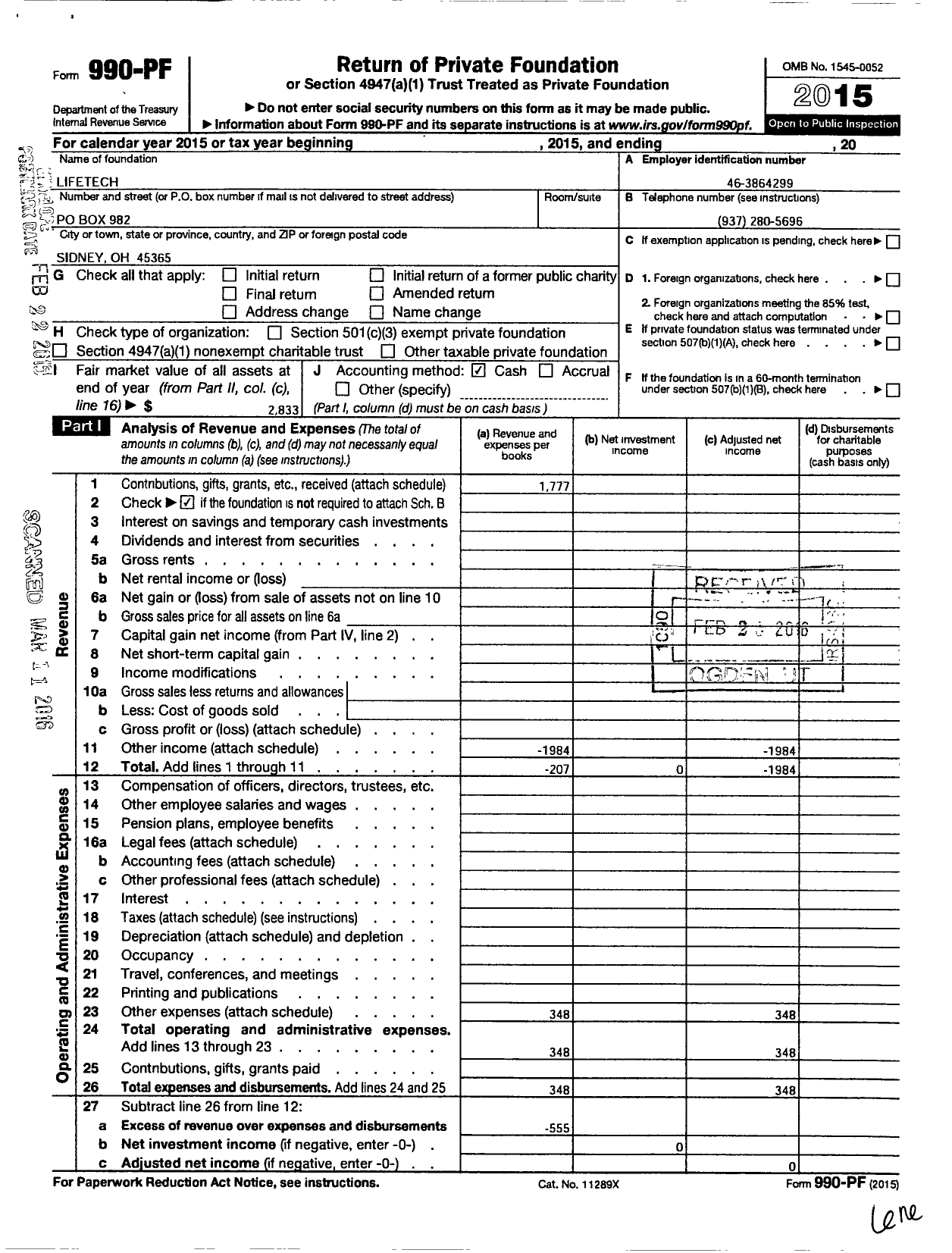 Image of first page of 2015 Form 990PF for Lifetech