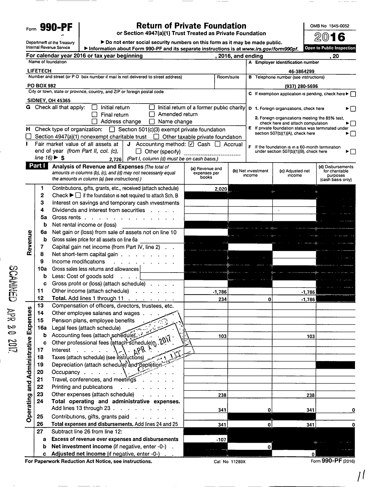 Image of first page of 2016 Form 990PF for Lifetech