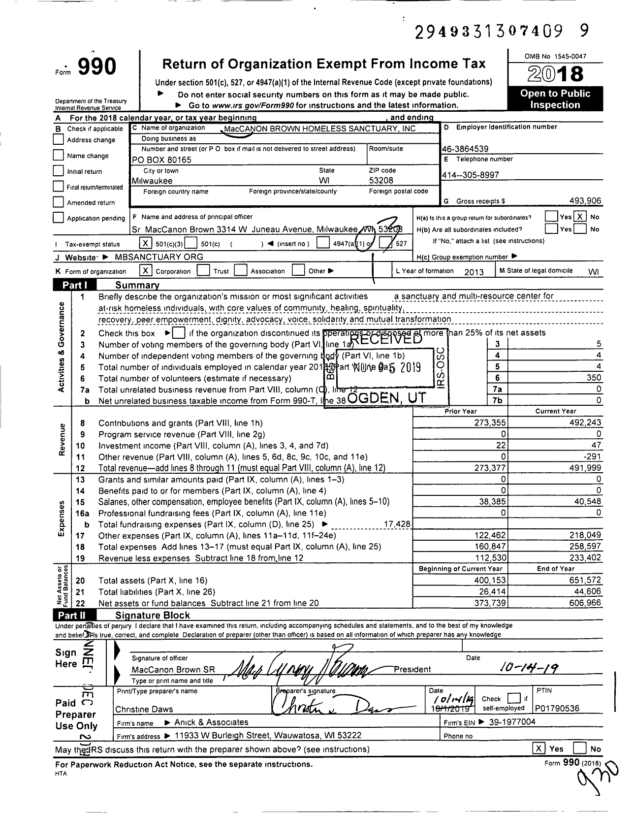 Image of first page of 2018 Form 990 for MacCANON BROWN HOMELESS SANCTUARY