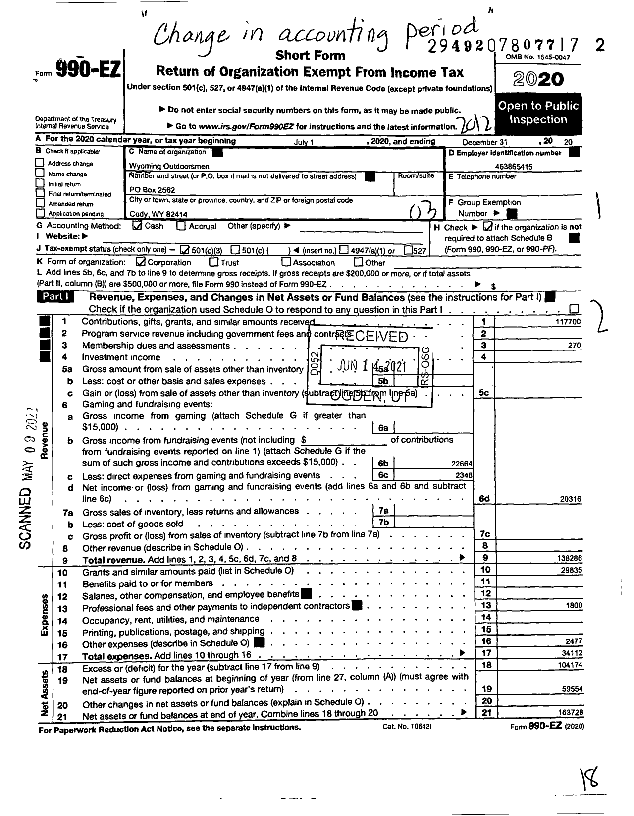 Image of first page of 2020 Form 990EZ for Wyoming Outdoorsmen