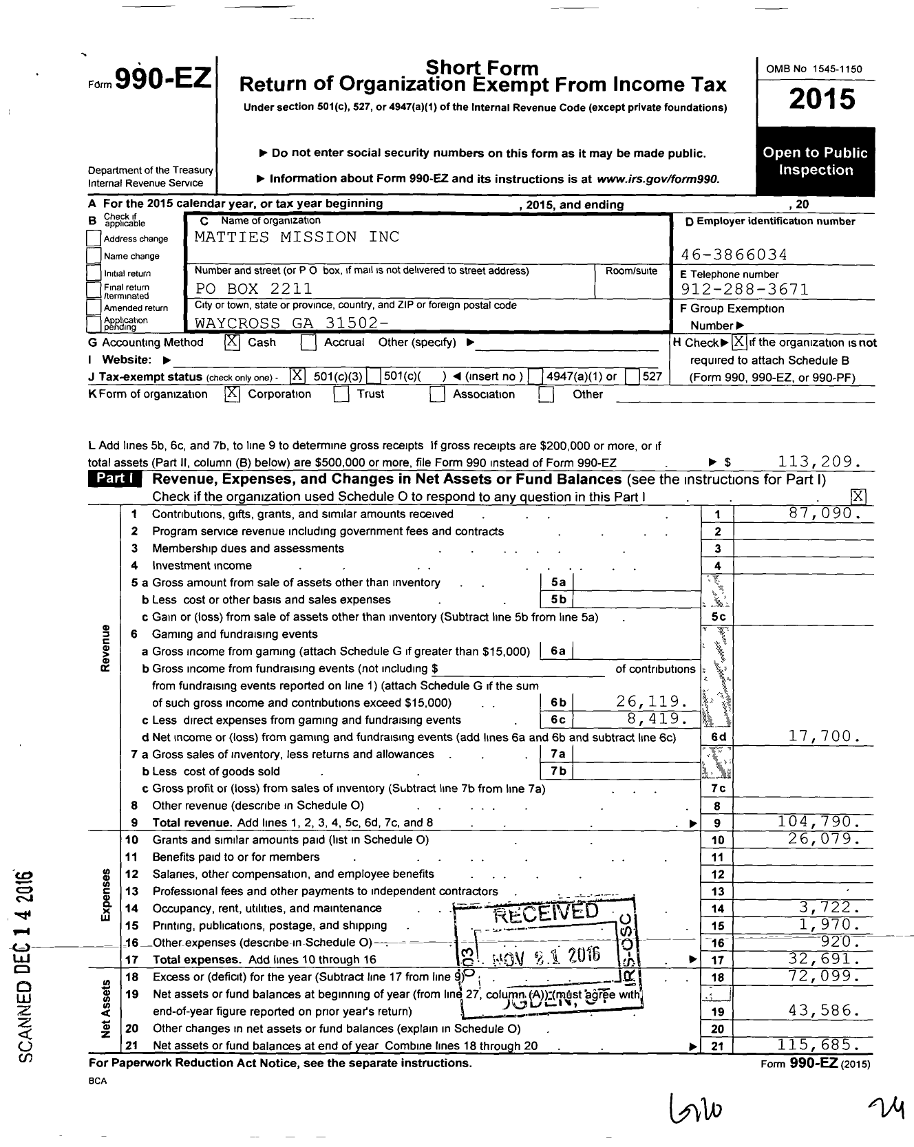 Image of first page of 2015 Form 990EZ for Matties Mission