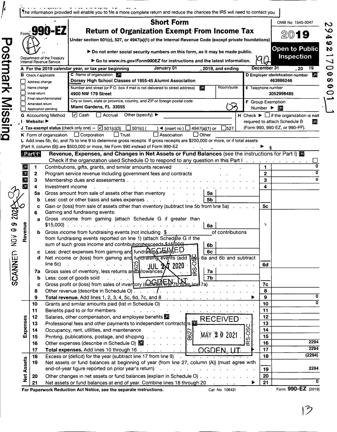 Image of first page of 2019 Form 990EZ for Dorsey High School Classes of 1955-45 Alumni Association