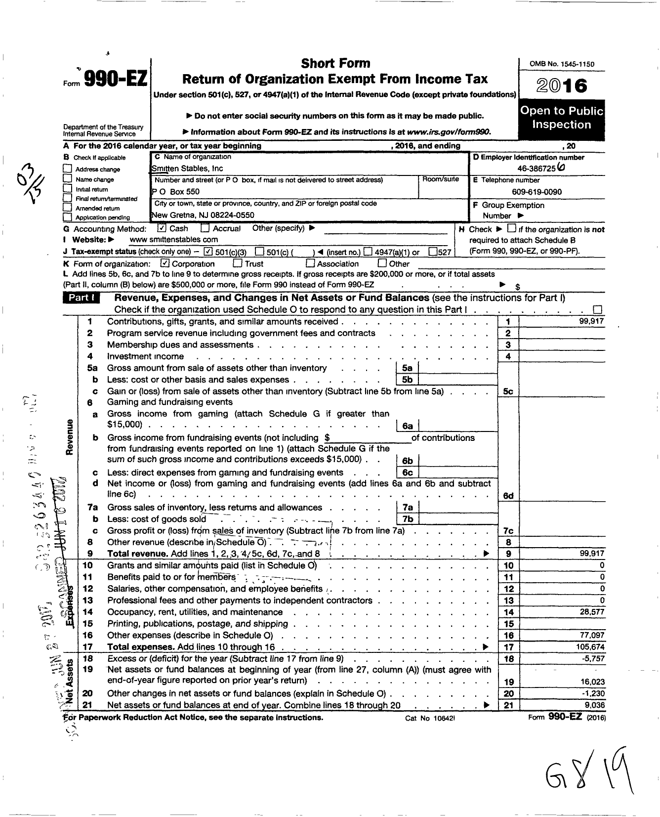 Image of first page of 2016 Form 990EZ for Smitten Stables