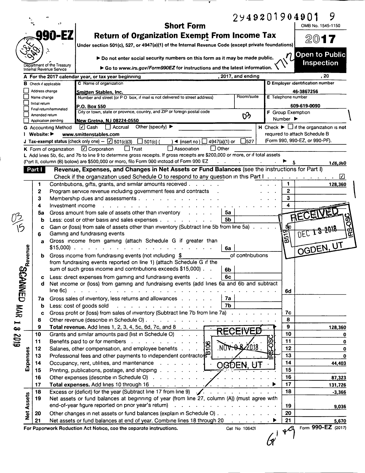 Image of first page of 2017 Form 990EZ for Smitten Stables