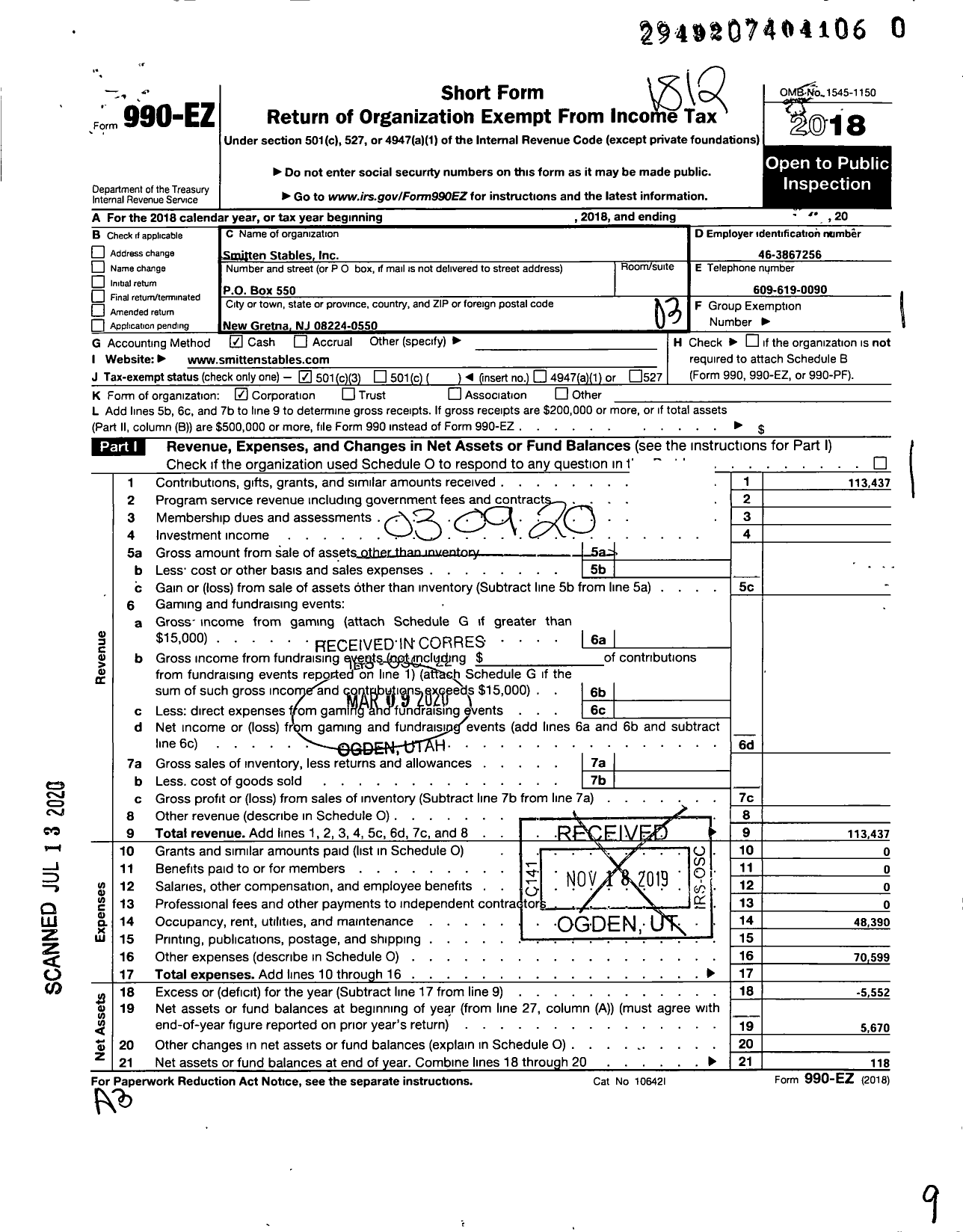 Image of first page of 2018 Form 990EZ for Smitten Stables