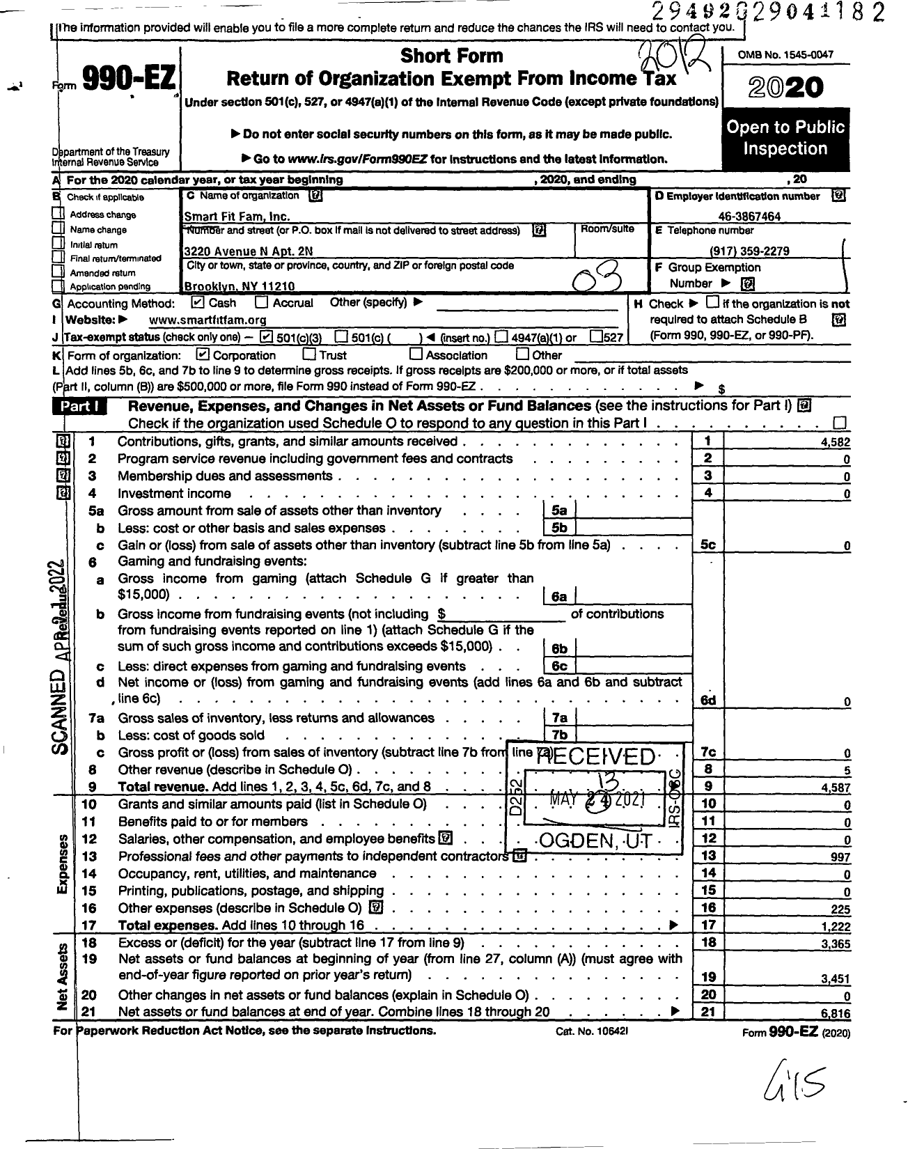 Image of first page of 2020 Form 990EZ for Smart Fit Family