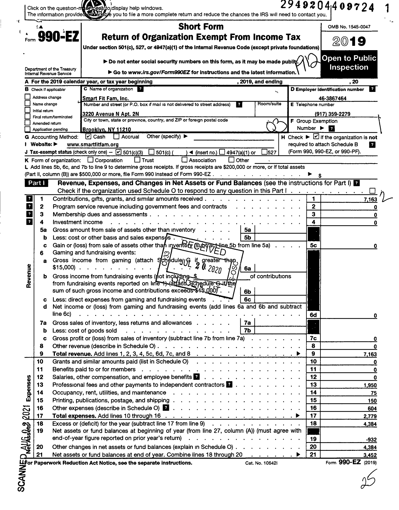 Image of first page of 2019 Form 990EZ for Smart Fit Family