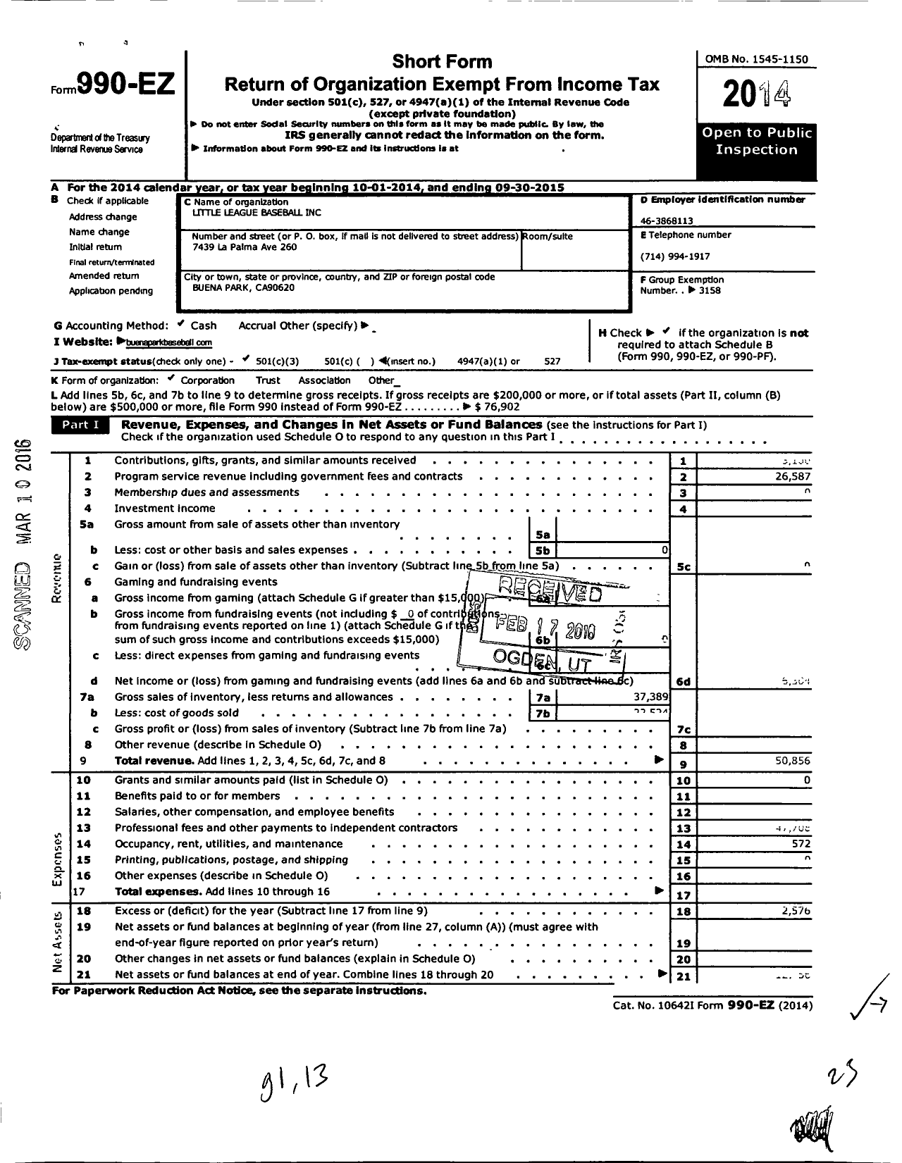 Image of first page of 2014 Form 990EZ for Little League Baseball - 4052905 Central Buena Park National