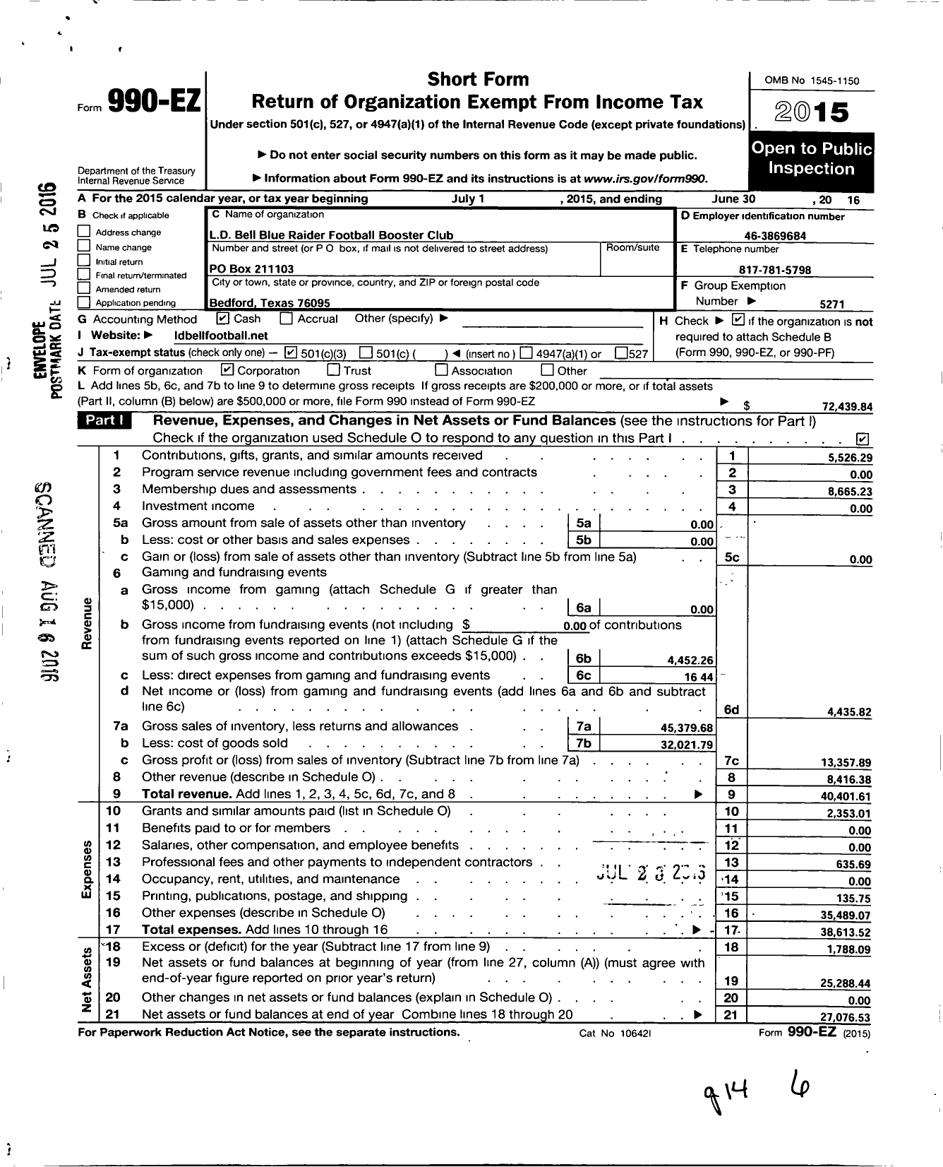 Image of first page of 2015 Form 990EZ for LD D Bell Blue Raider Football Booster Club