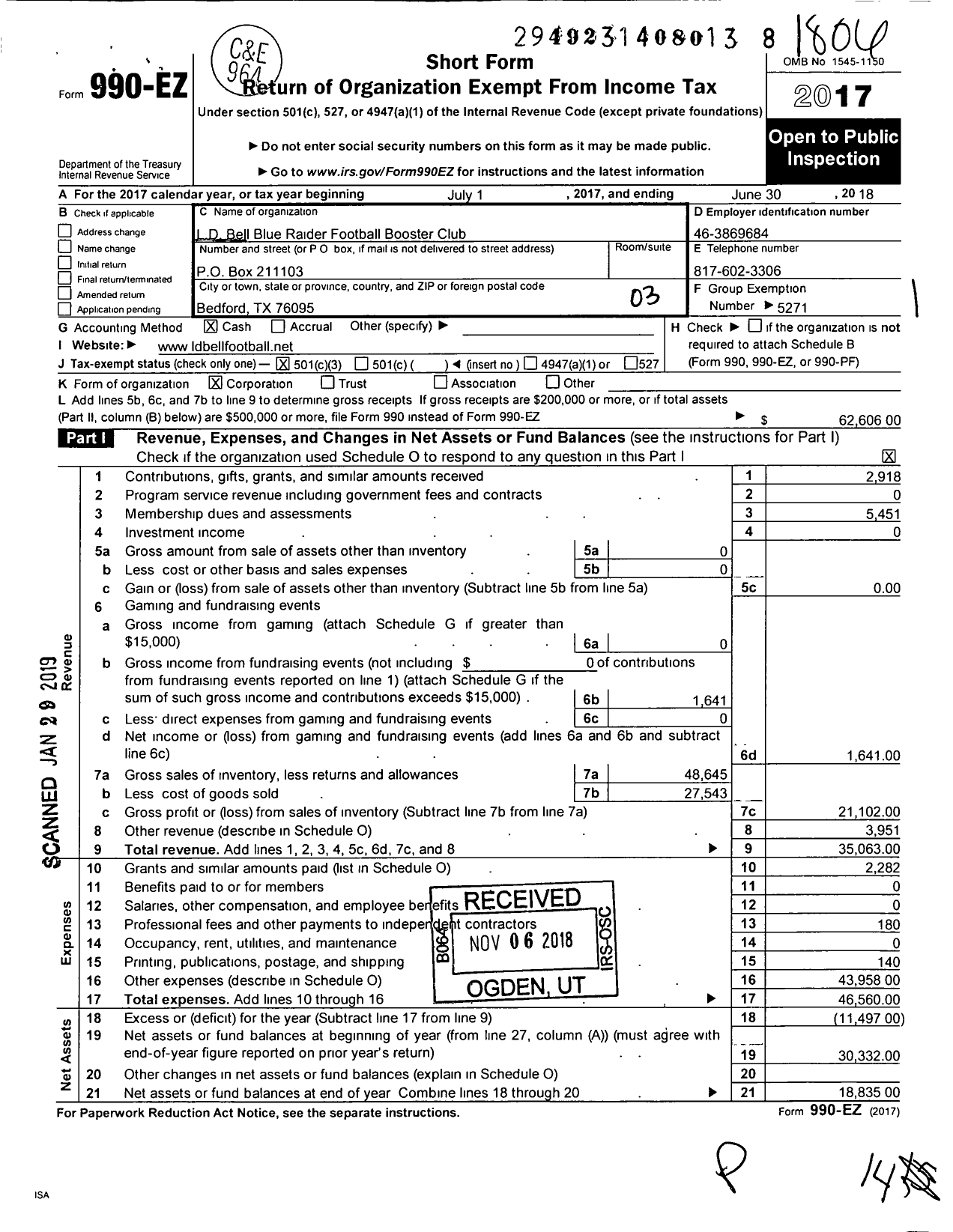 Image of first page of 2017 Form 990EZ for LD D Bell Blue Raider Football Booster Club