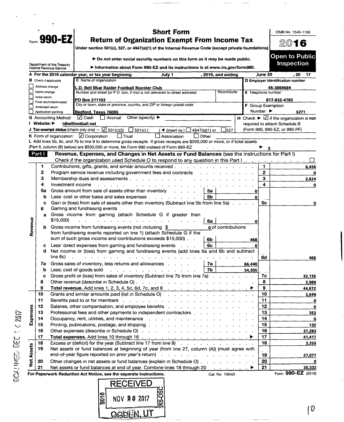 Image of first page of 2016 Form 990EZ for LD D Bell Blue Raider Football Booster Club