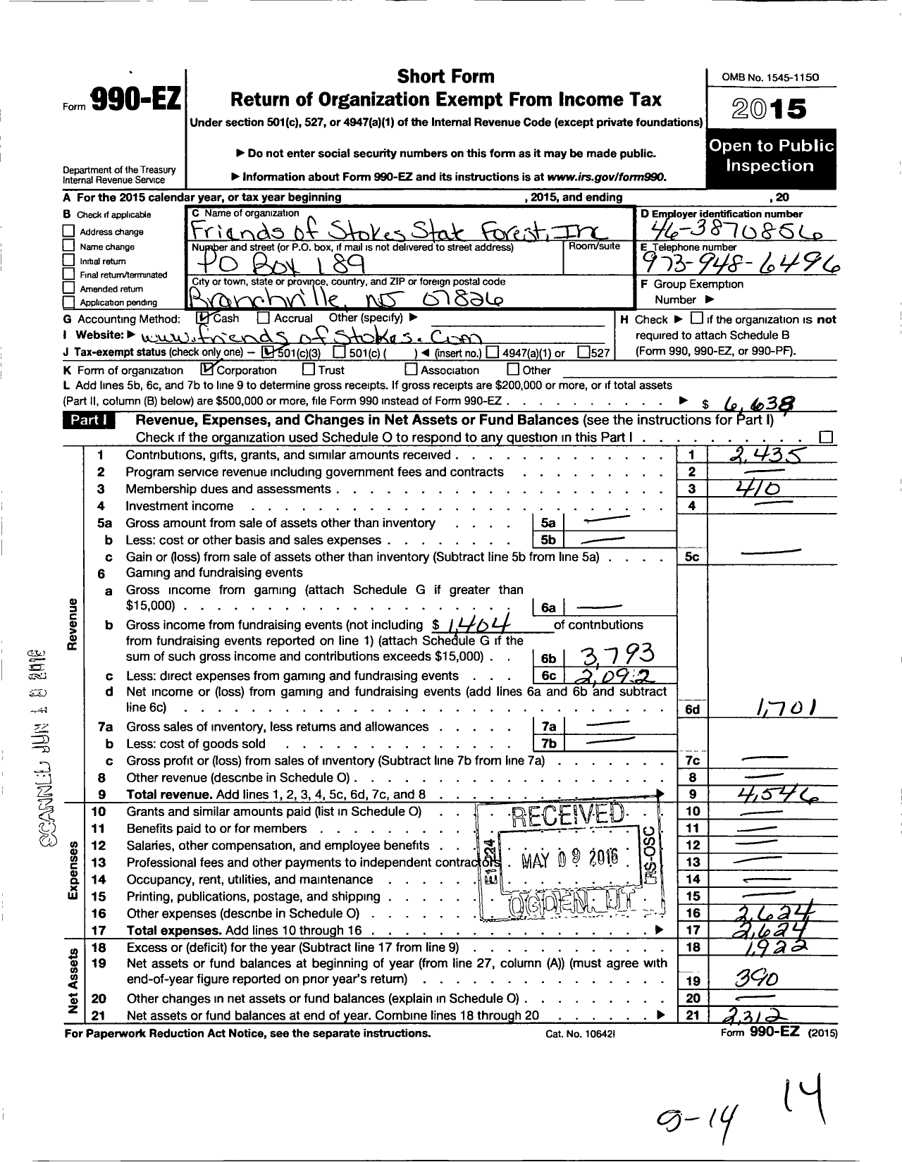 Image of first page of 2015 Form 990EZ for Friends of Stokes State Forest