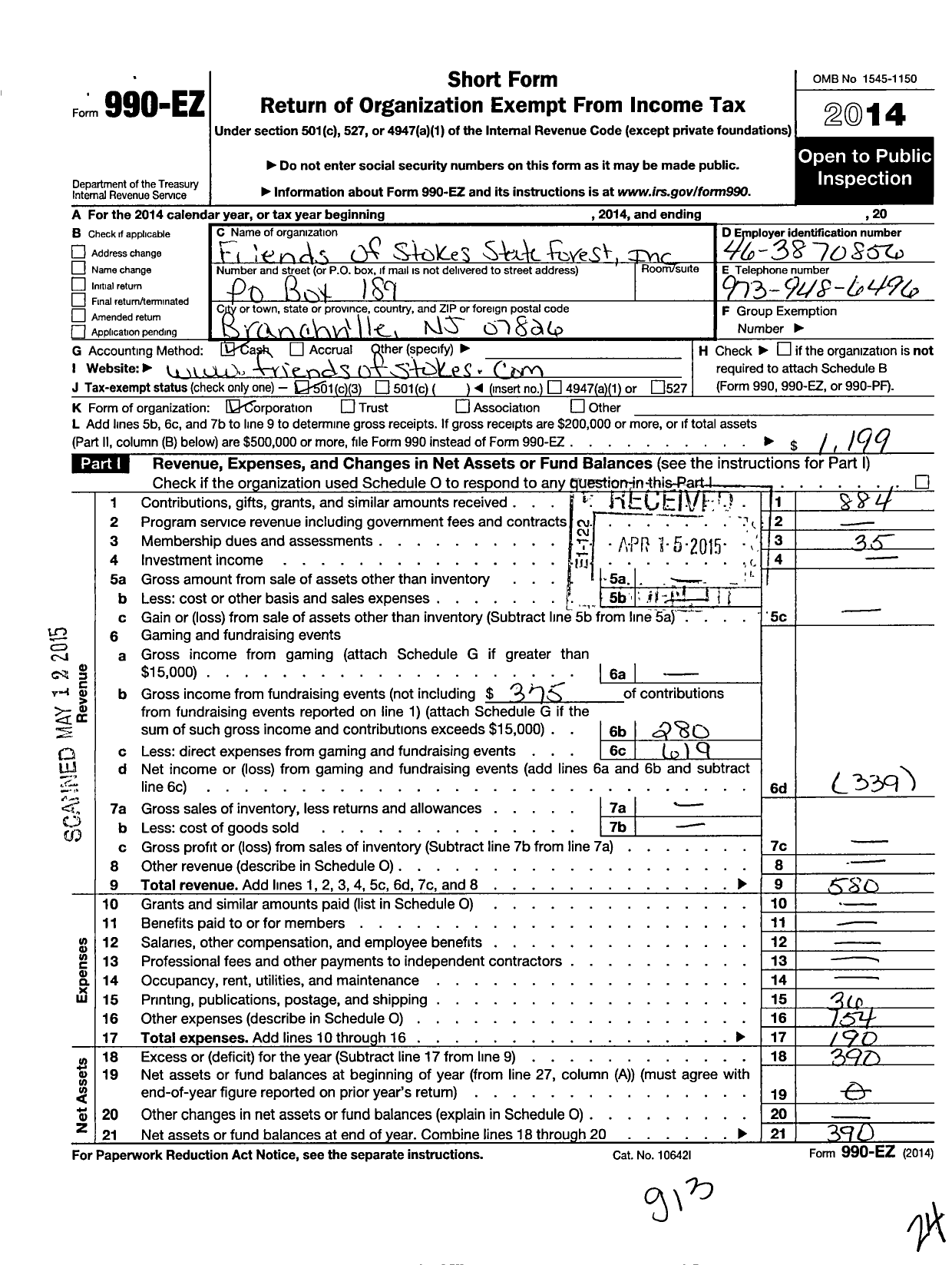 Image of first page of 2014 Form 990EZ for Friends of Stokes State Forest